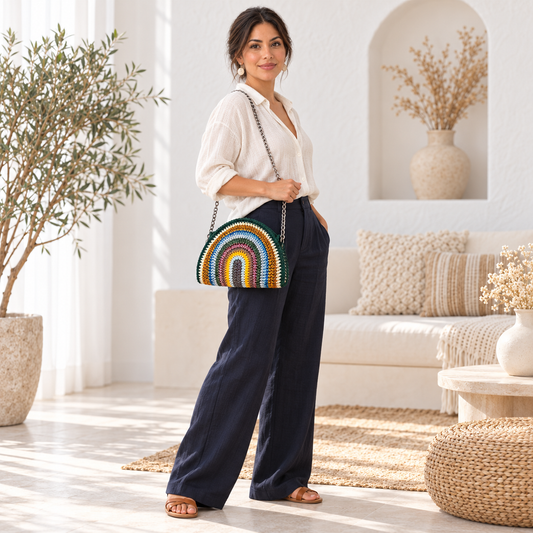 Cartera crochet multicolor, tejida a mano, crossbody bag, estilo bohemio, crochet, artesana puertorriqueña, stainless steel chain, cadena acero inoxidable, tamaño mediano, tamaño grande, estilo único.