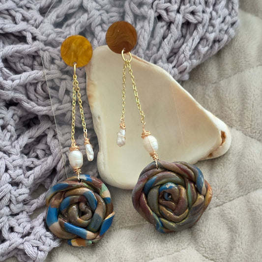 polymer clay earrings, handmade earrings, rose earrings, floral earrings, artisan jewelry, statement earrings, pearl earrings, dangle earrings, unique earrings, boho earrings, handcrafted jewelry, one-of-a-kind jewelry, long earrings