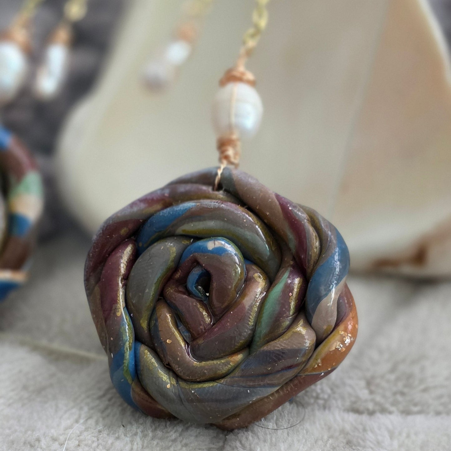 polymer clay earrings, handmade earrings, rose earrings, floral earrings, artisan jewelry, statement earrings, pearl earrings, dangle earrings, unique earrings, boho earrings, handcrafted jewelry, one of a kind jewelry, long earrings