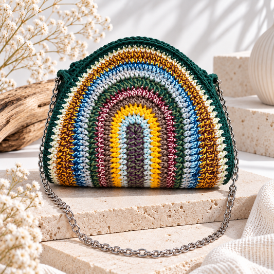 Cartera crochet multicolor, tejida a mano, crossbody bag, estilo bohemio, crochet, artesana puertorriqueña, stainless steel chain, cadena acero inoxidable, tamaño mediano, tamaño grande, estilo único.
