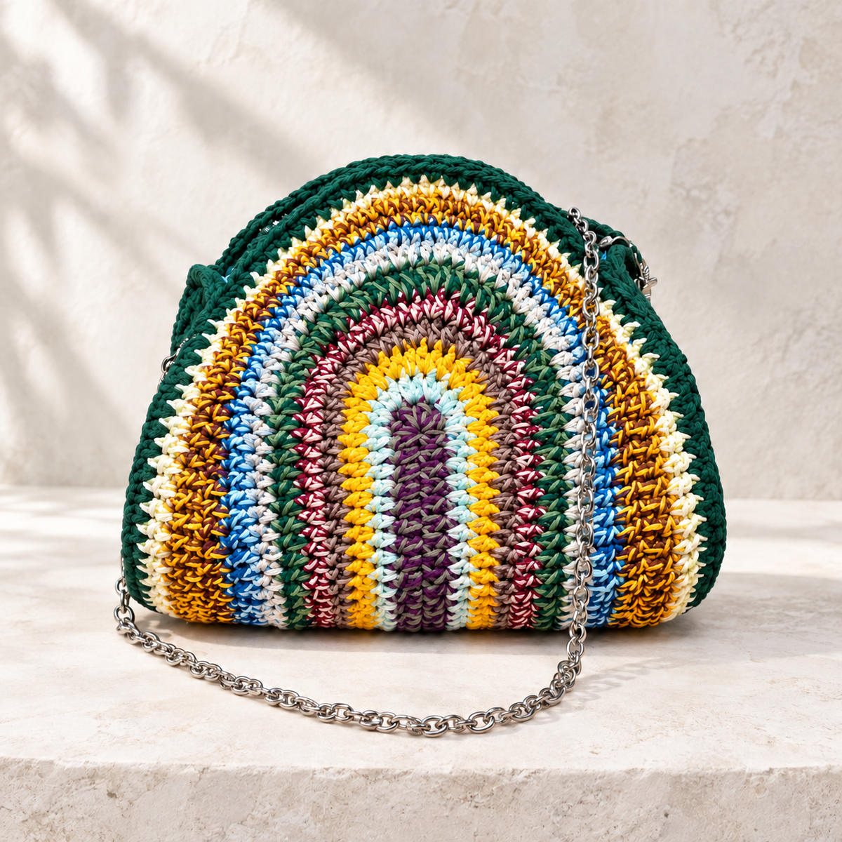 Cartera crochet multicolor, tejida a mano, crossbody bag, estilo bohemio, crochet, artesana puertorriqueña, stainless steel chain, cadena acero inoxidable, tamaño mediano, tamaño grande, estilo único.