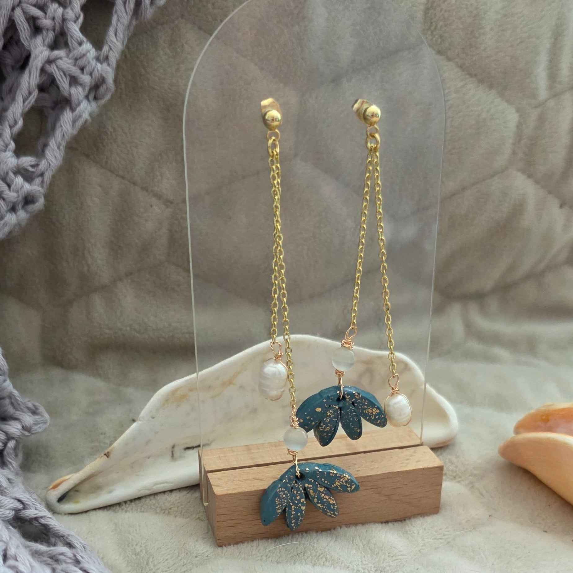 polymer clay earrings, handmade earrings, floral earrings, blue earrings, pearl earrings, dangle earrings, artisan jewelry, elegant earrings, boho earrings, long earrings, unique earrings, handcrafted jewelry, modern earrings