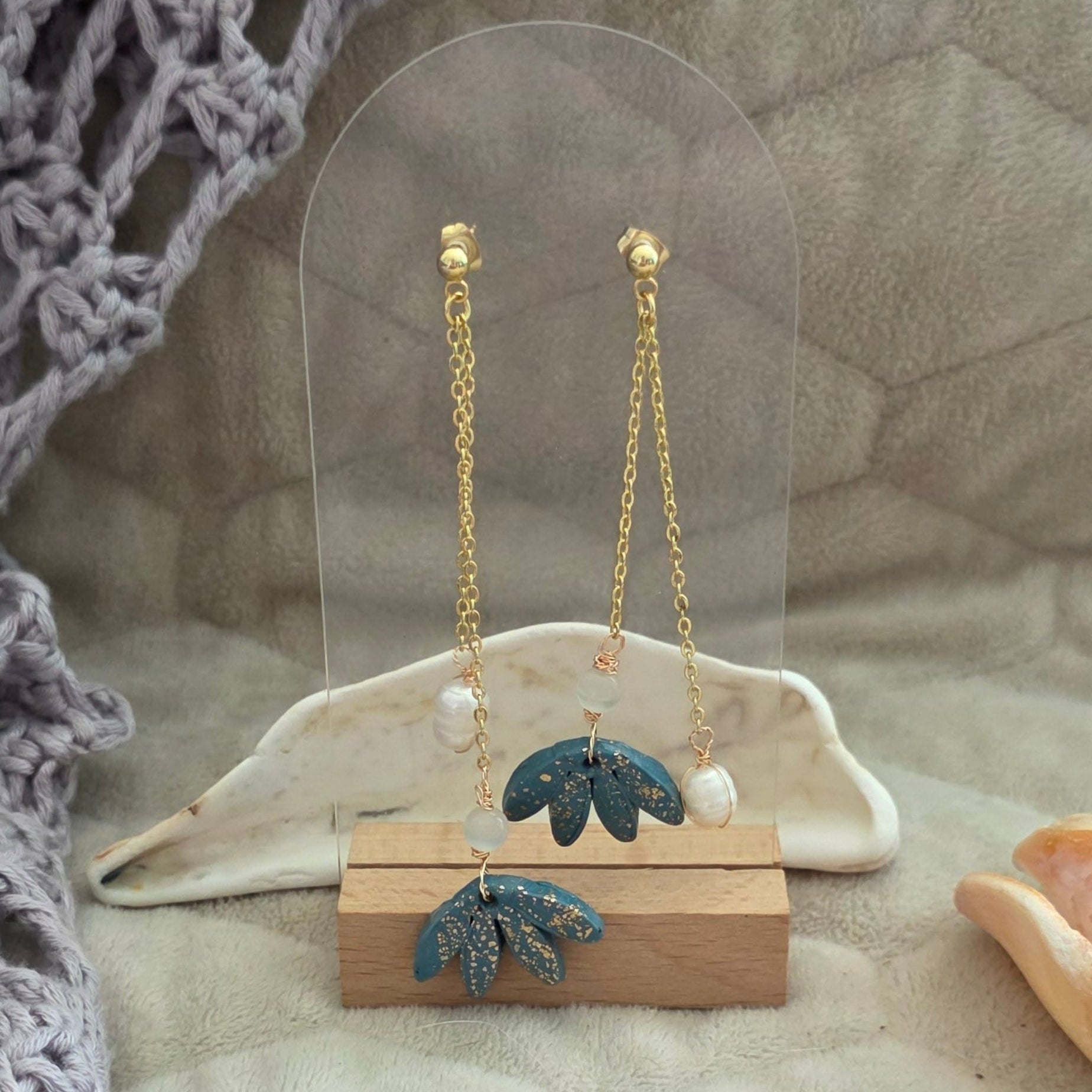 polymer clay earrings, handmade earrings, floral earrings, blue earrings, pearl earrings, dangle earrings, artisan jewelry, elegant earrings, boho earrings, long earrings, unique earrings, handcrafted jewelry, modern earrings