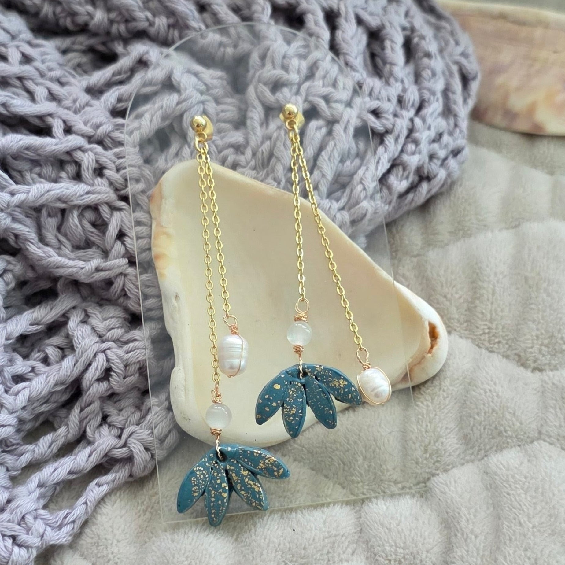 polymer clay earrings, handmade earrings, floral earrings, blue earrings, pearl earrings, dangle earrings, artisan jewelry, elegant earrings, boho earrings, long earrings, unique earrings, handcrafted jewelry, modern earrings