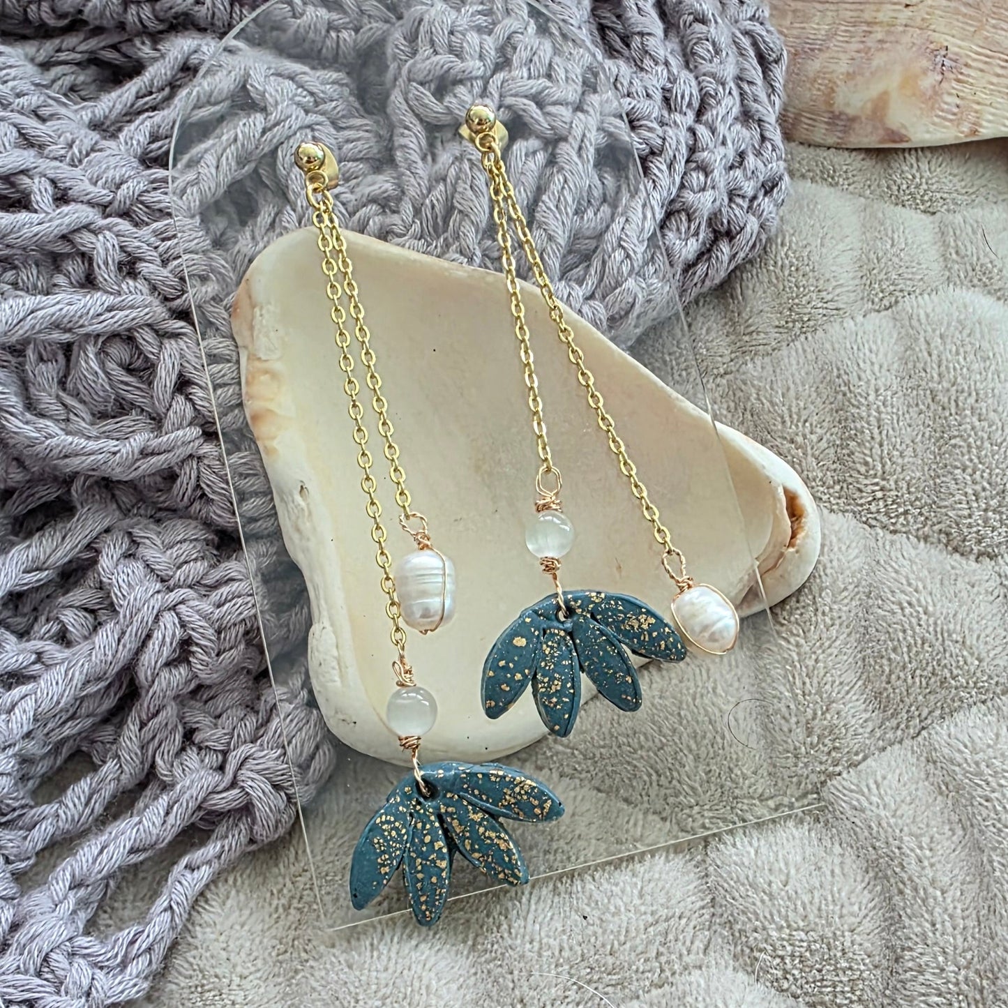 polymer clay earrings, handmade earrings, floral earrings, blue earrings, pearl earrings, dangle earrings, artisan jewelry, elegant earrings, boho earrings, long earrings, unique earrings, handcrafted jewelry, modern earrings