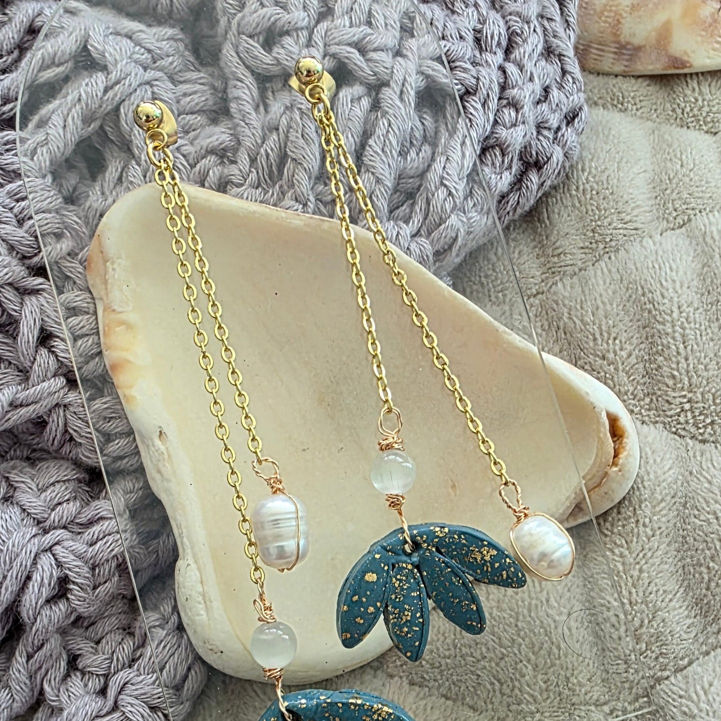 polymer clay earrings, handmade earrings, floral earrings, blue earrings, pearl earrings, dangle earrings, artisan jewelry, elegant earrings, boho earrings, long earrings, unique earrings, handcrafted jewelry, modern earrings