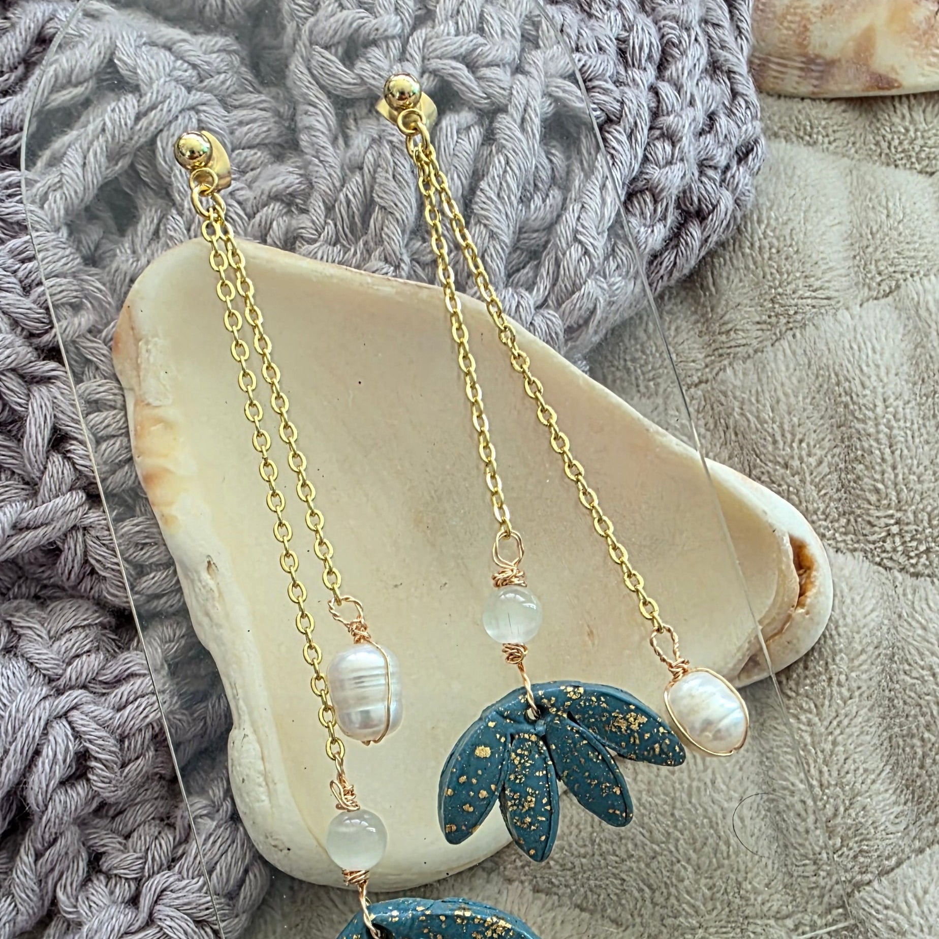 polymer clay earrings, handmade earrings, floral earrings, blue earrings, pearl earrings, dangle earrings, artisan jewelry, elegant earrings, boho earrings, long earrings, unique earrings, handcrafted jewelry, modern earrings