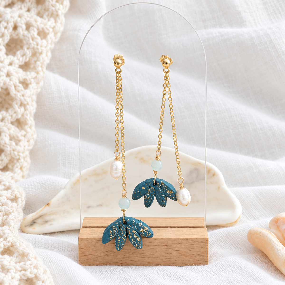 polymer clay earrings, handmade earrings, floral earrings, blue earrings, pearl earrings, dangle earrings, artisan jewelry, elegant earrings, boho earrings, long earrings, unique earrings, handcrafted jewelry, modern earrings