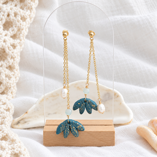 polymer clay earrings, handmade earrings, floral earrings, blue earrings, pearl earrings, dangle earrings, artisan jewelry, elegant earrings, boho earrings, long earrings, unique earrings, handcrafted jewelry, modern earrings