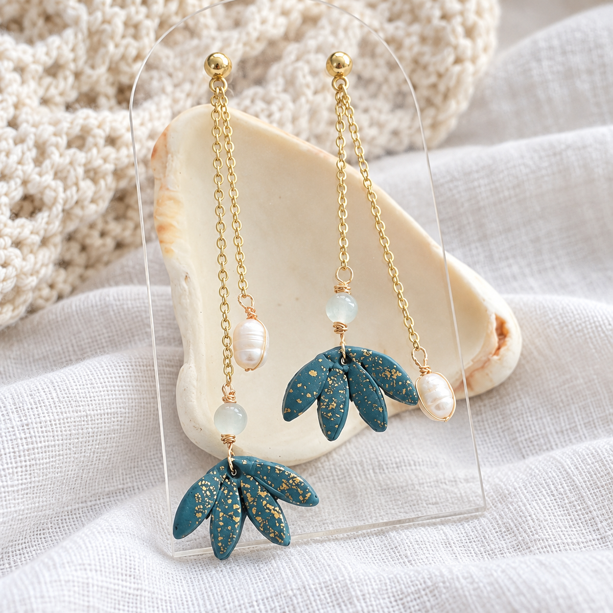 polymer clay earrings, handmade earrings, floral earrings, blue earrings, pearl earrings, dangle earrings, artisan jewelry, elegant earrings, boho earrings, long earrings, unique earrings, handcrafted jewelry, modern earrings