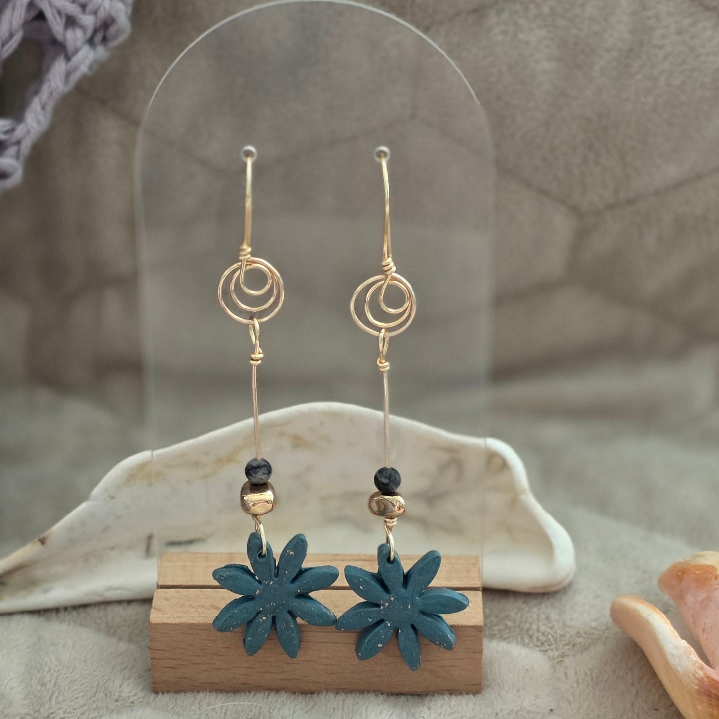 polymer clay earrings, handmade earrings, floral earrings, blue earrings, artisan jewelry, statement earrings, dangle earrings, unique earrings, boho earrings, lightweight earrings, handcrafted jewelry, modern earrings, flower earrings