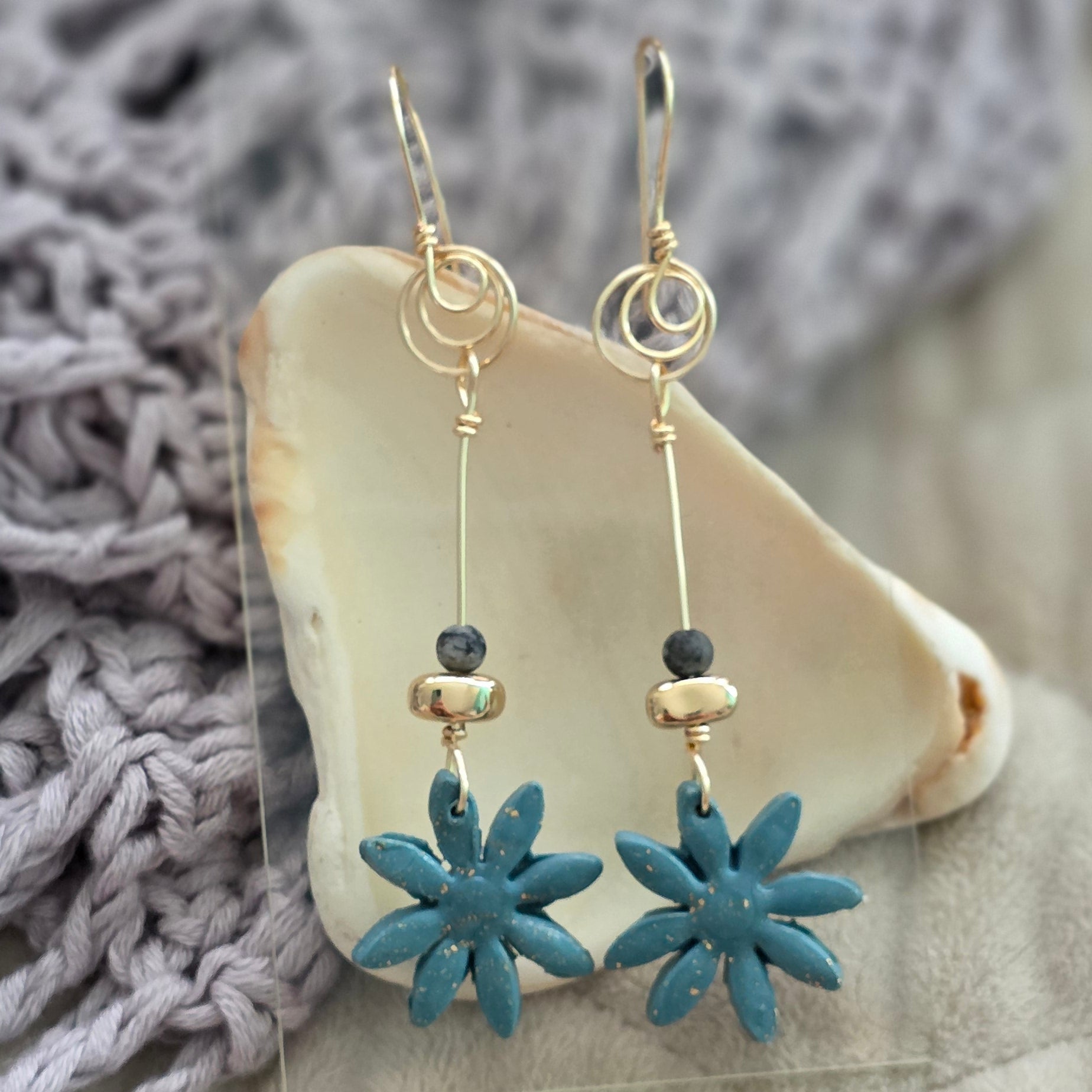 polymer clay earrings, handmade earrings, floral earrings, blue earrings, artisan jewelry, statement earrings, dangle earrings, unique earrings, boho earrings, lightweight earrings, handcrafted jewelry, modern earrings, flower earrings