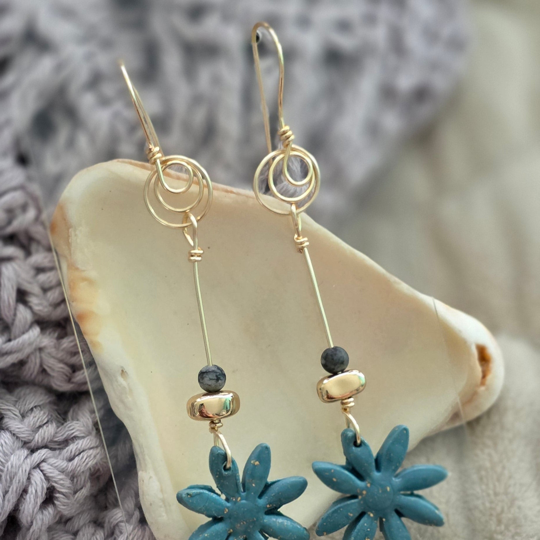 polymer clay earrings, handmade earrings, floral earrings, blue earrings, artisan jewelry, statement earrings, dangle earrings, unique earrings, boho earrings, lightweight earrings, handcrafted jewelry, modern earrings, flower earrings