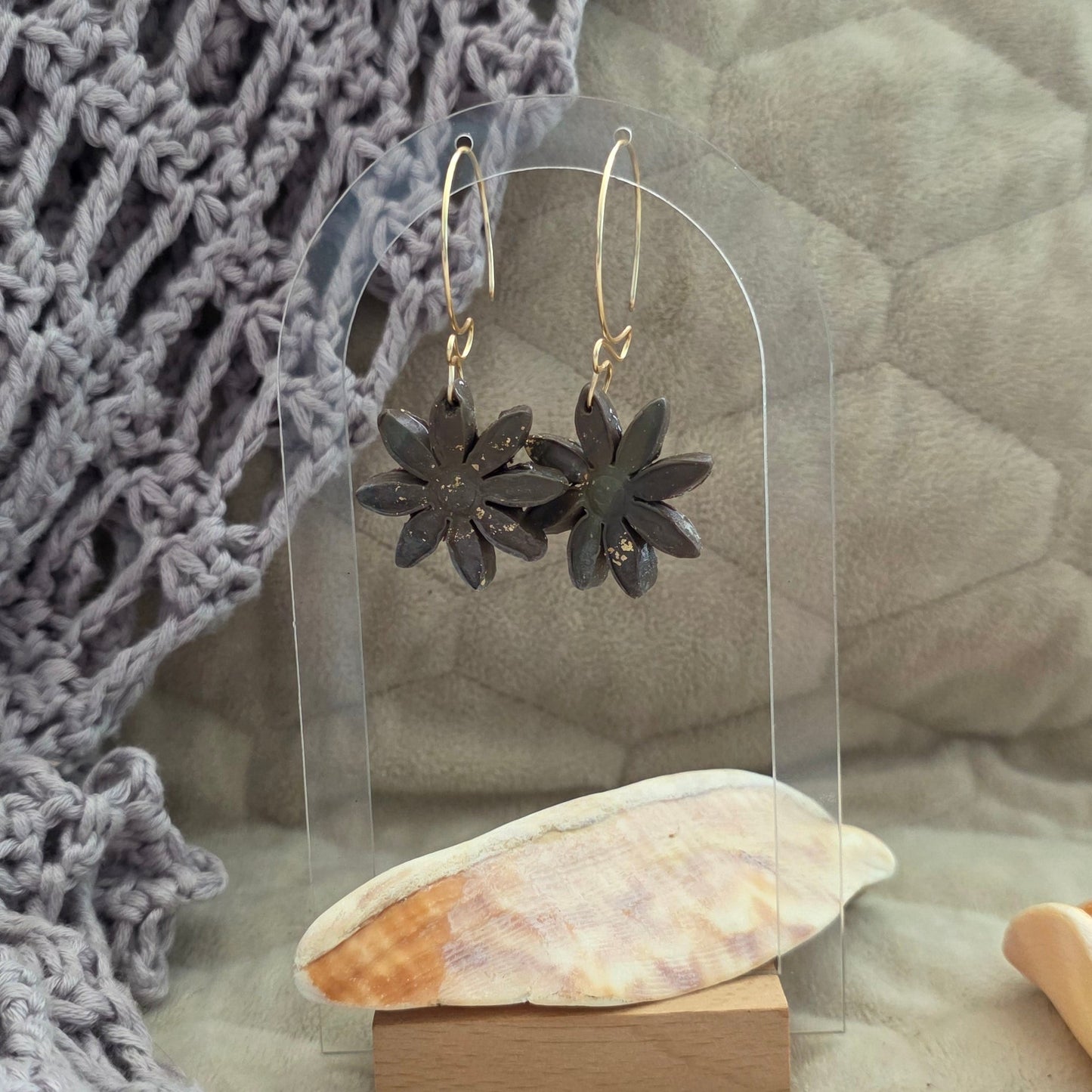 polymer clay earrings, handmade earrings, floral earrings, dark earrings, gold detail earrings, artisan jewelry, boho earrings, minimalist earrings, unique earrings, lightweight earrings, modern jewelry, handcrafted earrings
