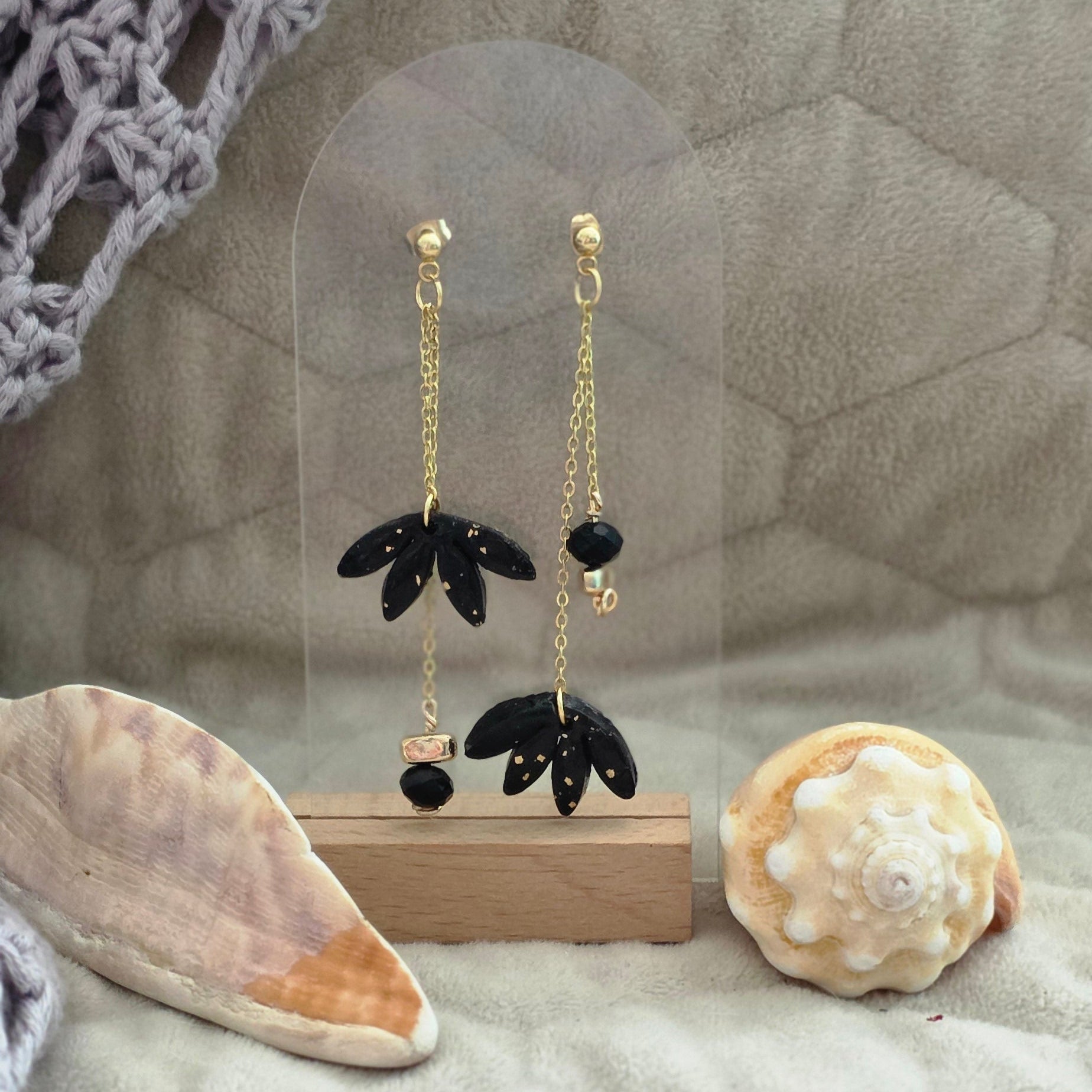 black earrings, polymer clay earrings, handmade earrings, statement earrings, gold detail earrings, dangle earrings, elegant earrings, artisan jewelry, unique earrings, boho earrings, long chain earrings, handcrafted jewelry, modern earrings
