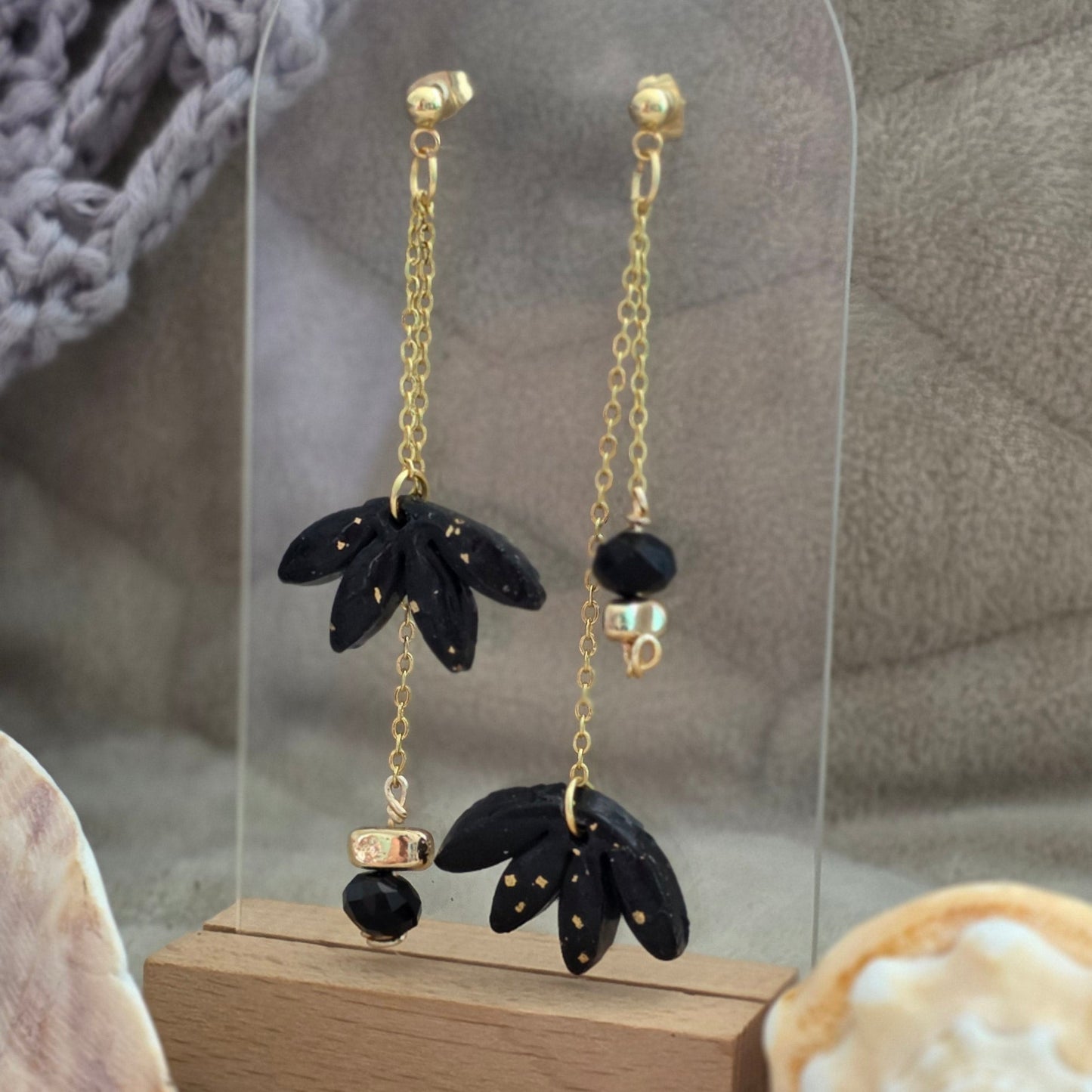 black earrings, polymer clay earrings, handmade earrings, statement earrings, gold detail earrings, dangle earrings, elegant earrings, artisan jewelry, unique earrings, boho earrings, long chain earrings, handcrafted jewelry, modern earrings