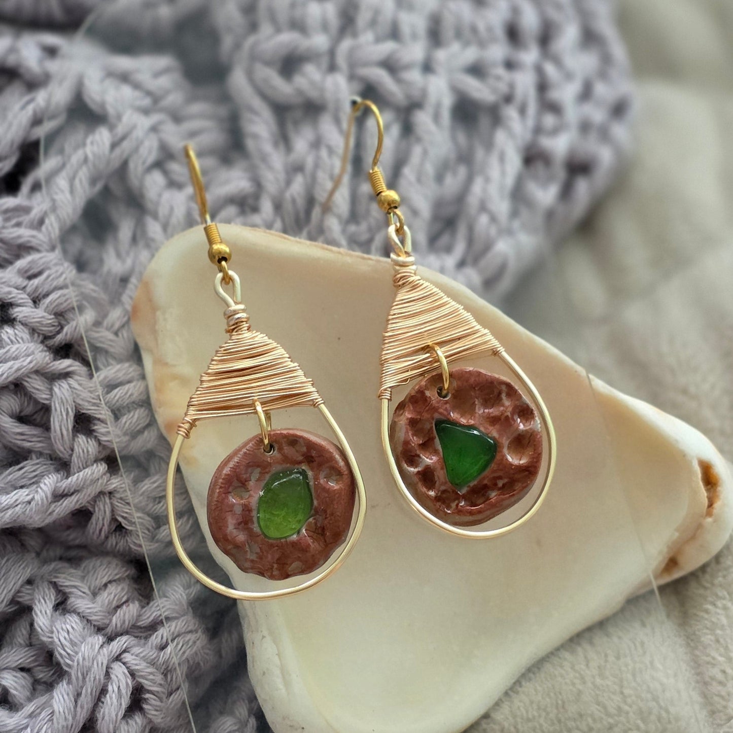 sea glass earrings, polymer clay earrings, handmade earrings, artisan jewelry, unique earrings, copper wire earrings, textured earrings, beach jewelry, boho earrings, statement earrings, handcrafted jewelry, ocean-inspired jewelry, one-of-a-kind earrings