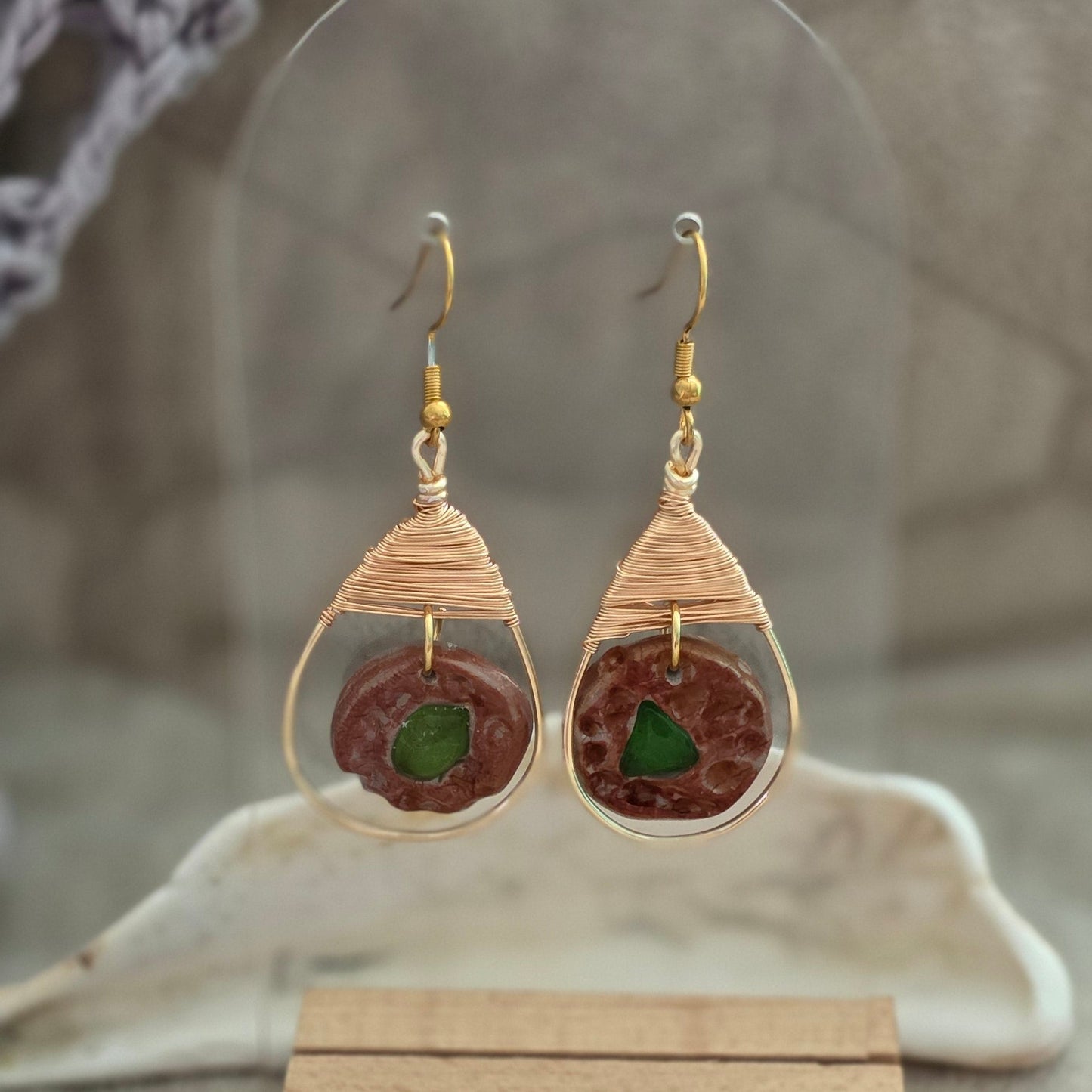 sea glass earrings, polymer clay earrings, handmade earrings, artisan jewelry, unique earrings, copper wire earrings, textured earrings, beach jewelry, boho earrings, statement earrings, handcrafted jewelry, ocean-inspired jewelry, one-of-a-kind earrings