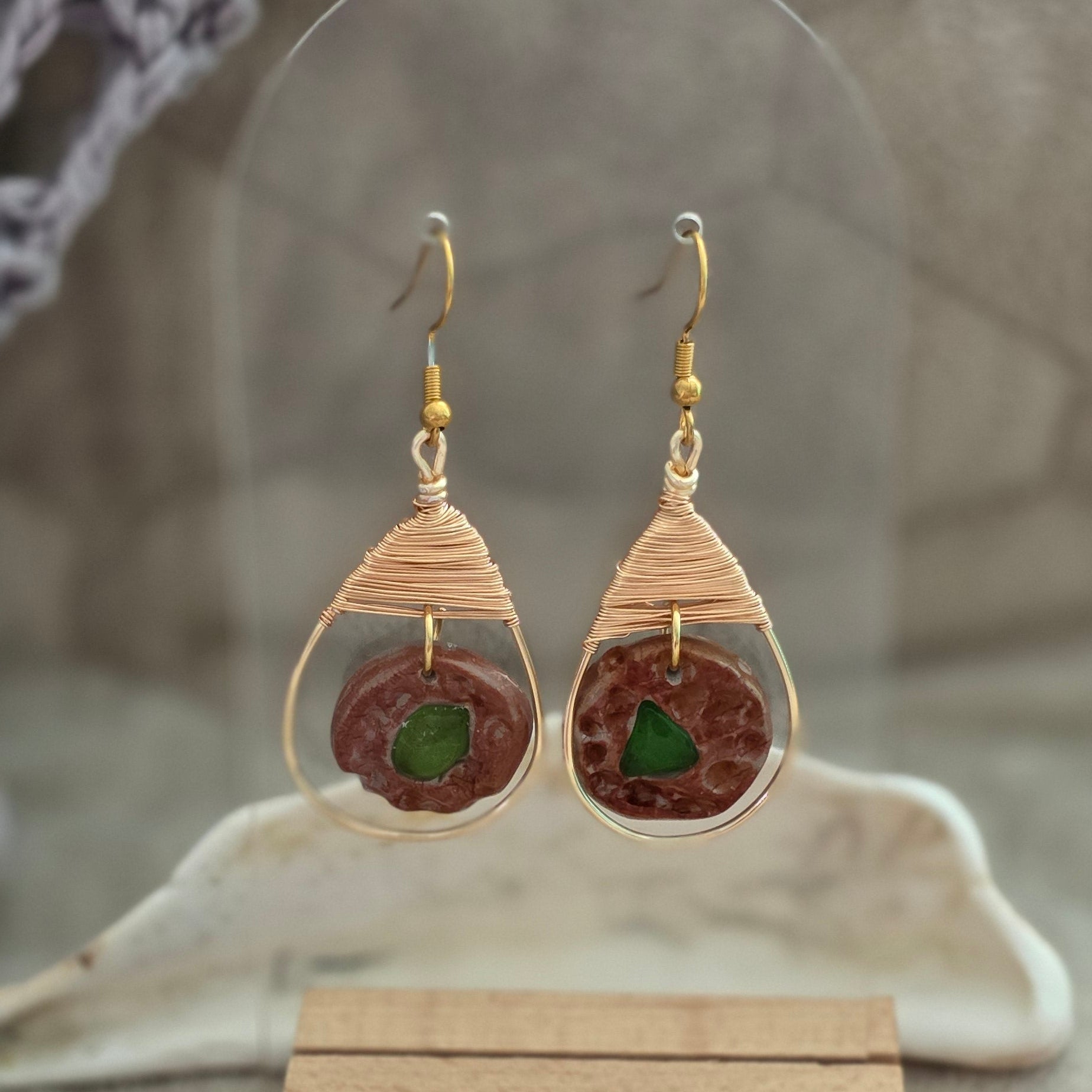 sea glass earrings, polymer clay earrings, handmade earrings, artisan jewelry, unique earrings, copper wire earrings, textured earrings, beach jewelry, boho earrings, statement earrings, handcrafted jewelry, ocean-inspired jewelry, one-of-a-kind earrings