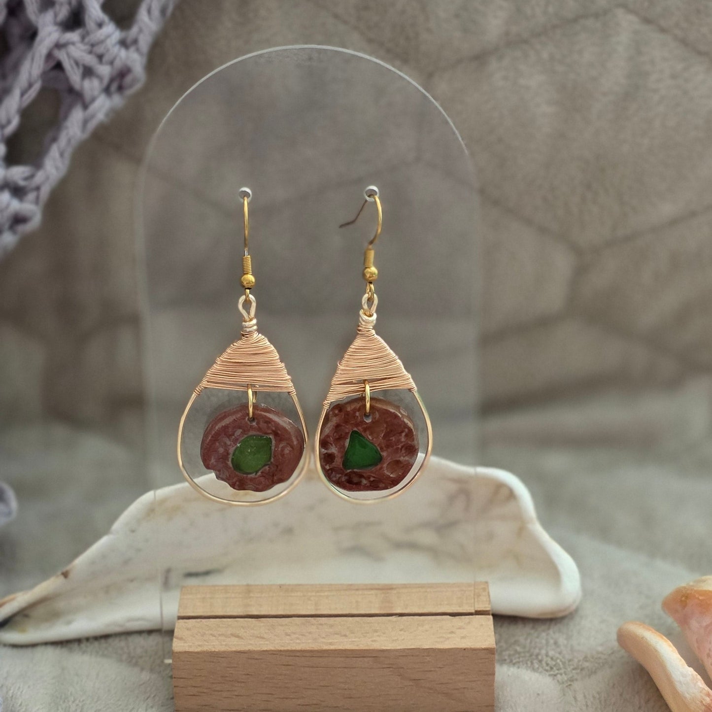 sea glass earrings, polymer clay earrings, handmade earrings, artisan jewelry, unique earrings, copper wire earrings, textured earrings, beach jewelry, boho earrings, statement earrings, handcrafted jewelry, ocean-inspired jewelry, one-of-a-kind earrings