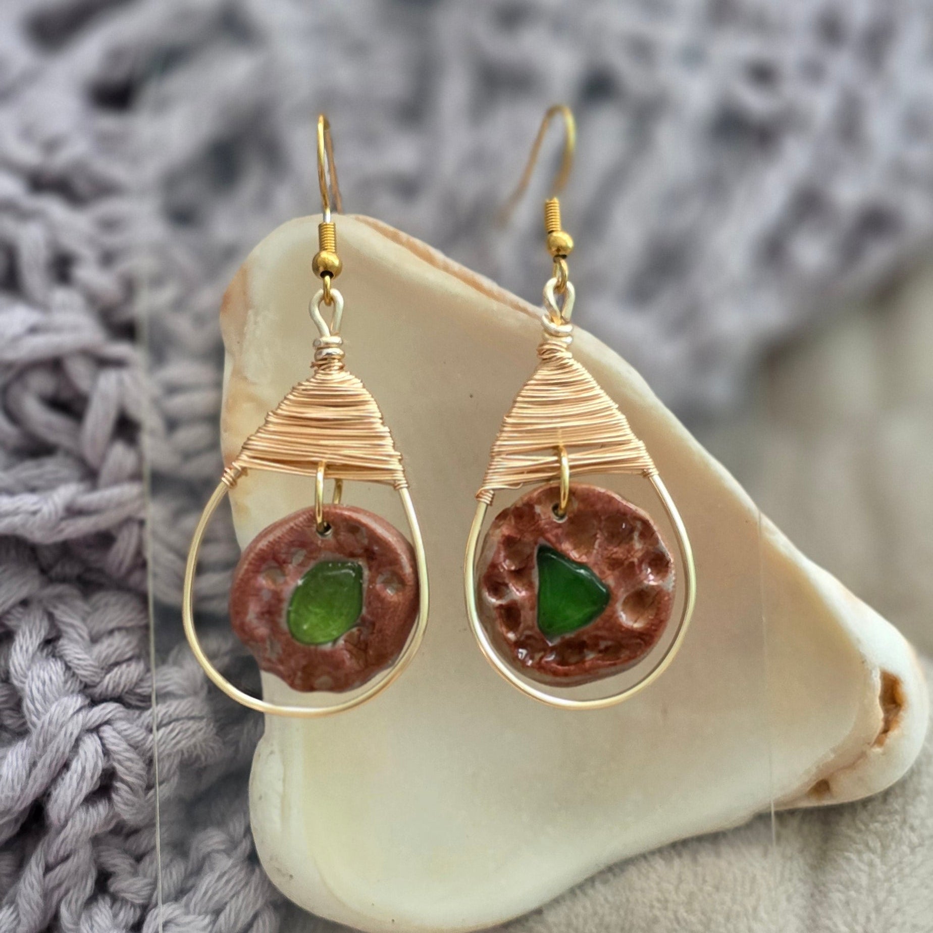 sea glass earrings, polymer clay earrings, handmade earrings, artisan jewelry, unique earrings, copper wire earrings, textured earrings, beach jewelry, boho earrings, statement earrings, handcrafted jewelry, ocean-inspired jewelry, one-of-a-kind earrings