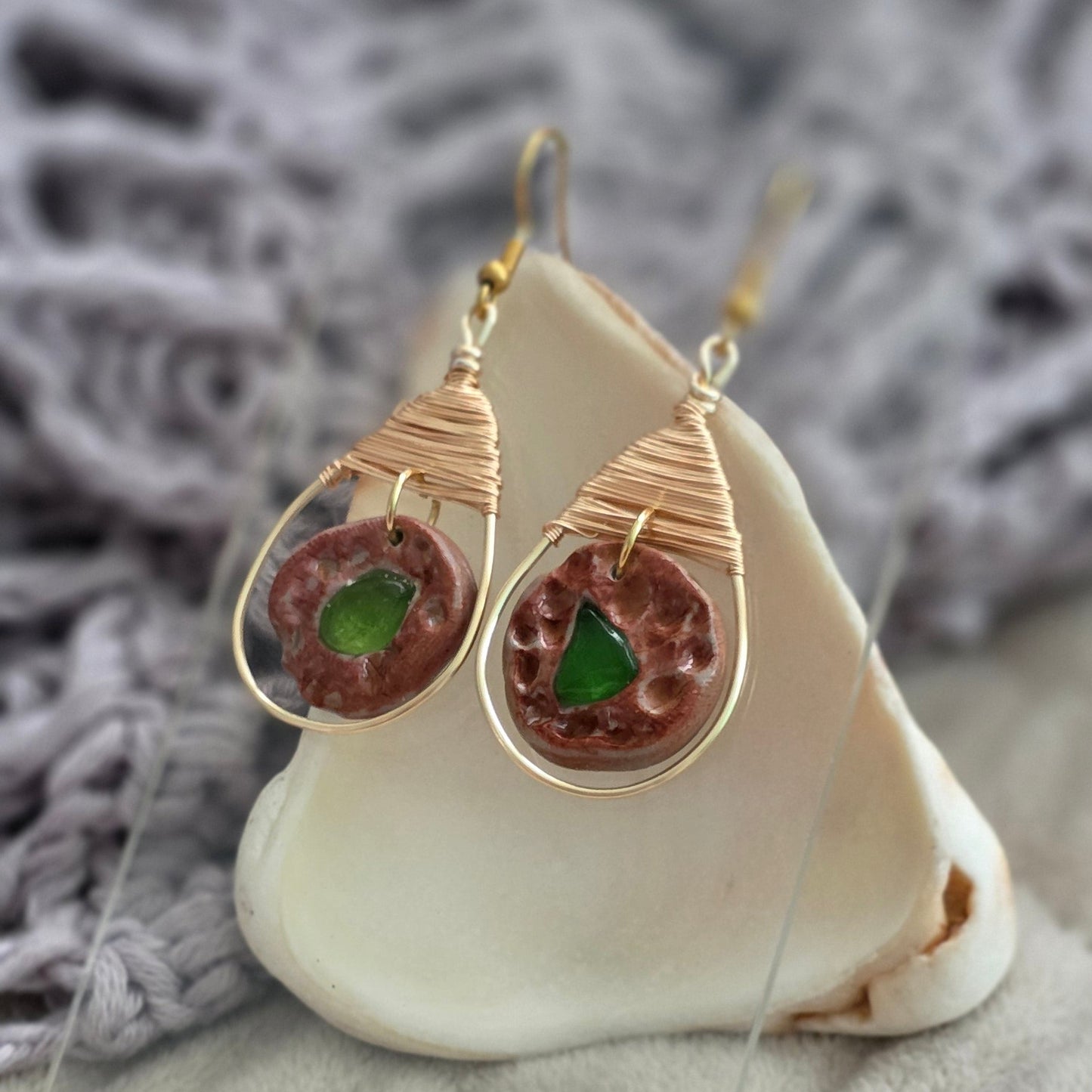 sea glass earrings, polymer clay earrings, handmade earrings, artisan jewelry, unique earrings, copper wire earrings, textured earrings, beach jewelry, boho earrings, statement earrings, handcrafted jewelry, ocean-inspired jewelry, one-of-a-kind earrings