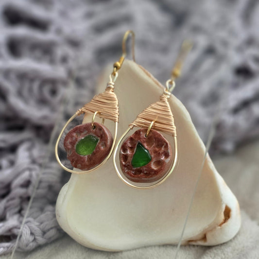 sea glass earrings, polymer clay earrings, handmade earrings, artisan jewelry, unique earrings, copper wire earrings, textured earrings, beach jewelry, boho earrings, statement earrings, handcrafted jewelry, ocean-inspired jewelry, one-of-a-kind earrings