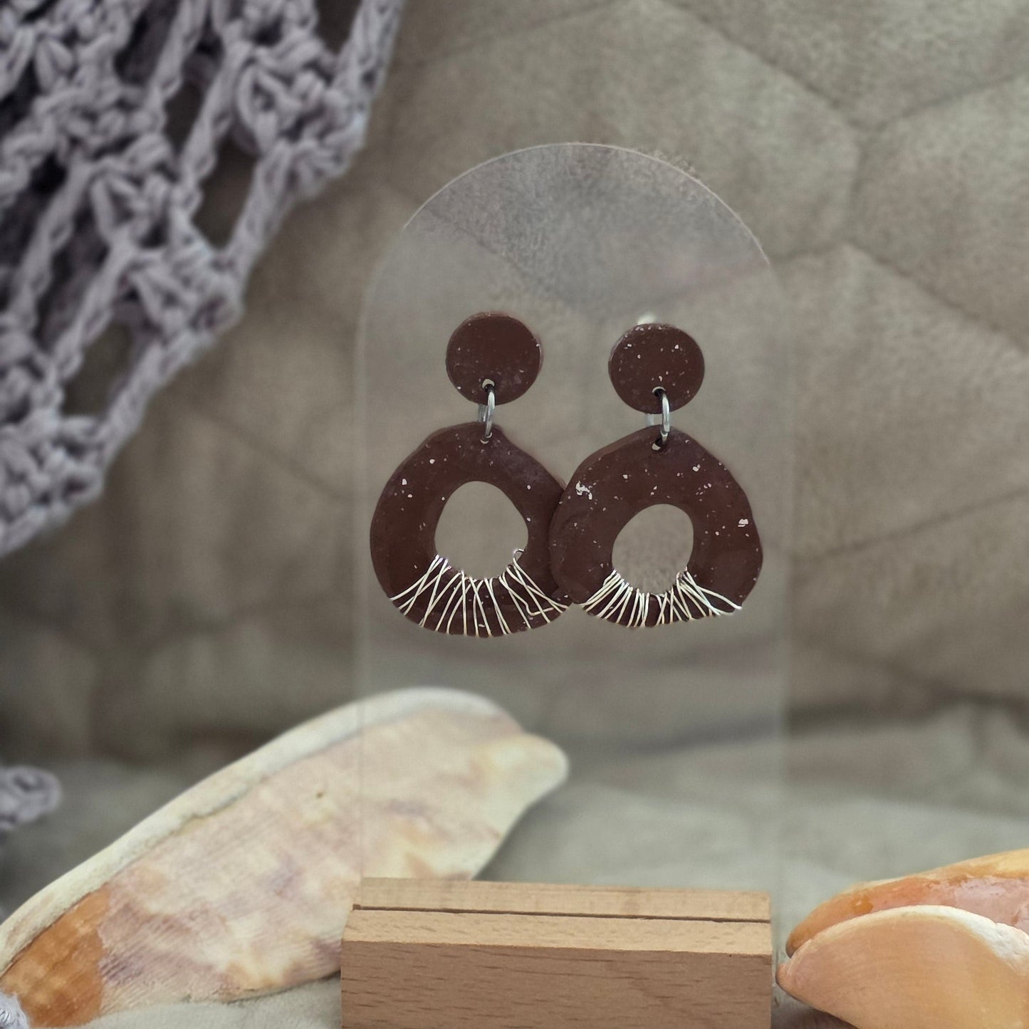 polymer clay earrings, brown earrings, handmade earrings, boho earrings, artisan jewelry, modern earrings, statement earrings, organic design earrings, unique earrings, lightweight earrings, handcrafted jewelry, neutral earrings