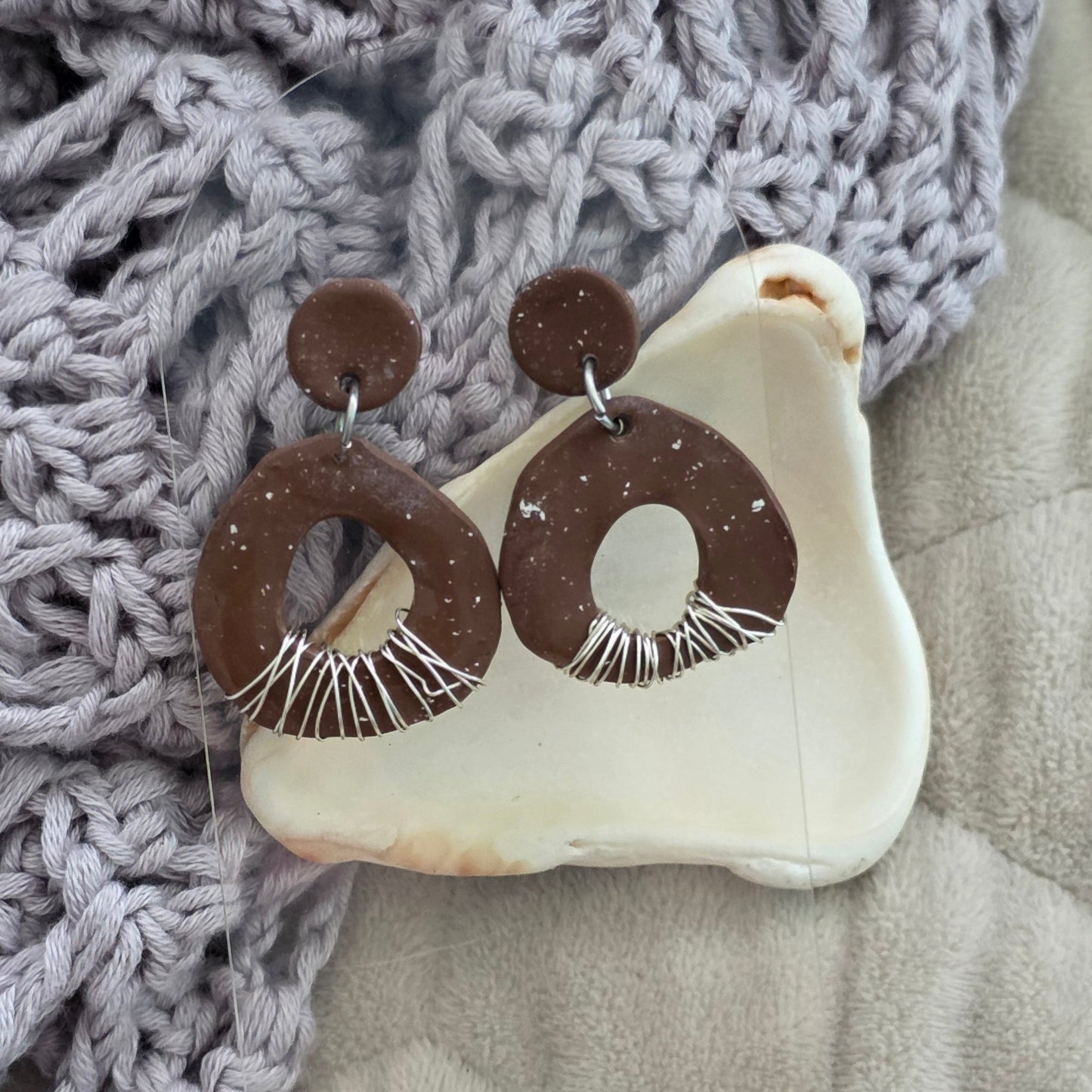 polymer clay earrings, brown earrings, handmade earrings, boho earrings, artisan jewelry, modern earrings, statement earrings, organic design earrings, unique earrings, lightweight earrings, handcrafted jewelry, neutral earrings