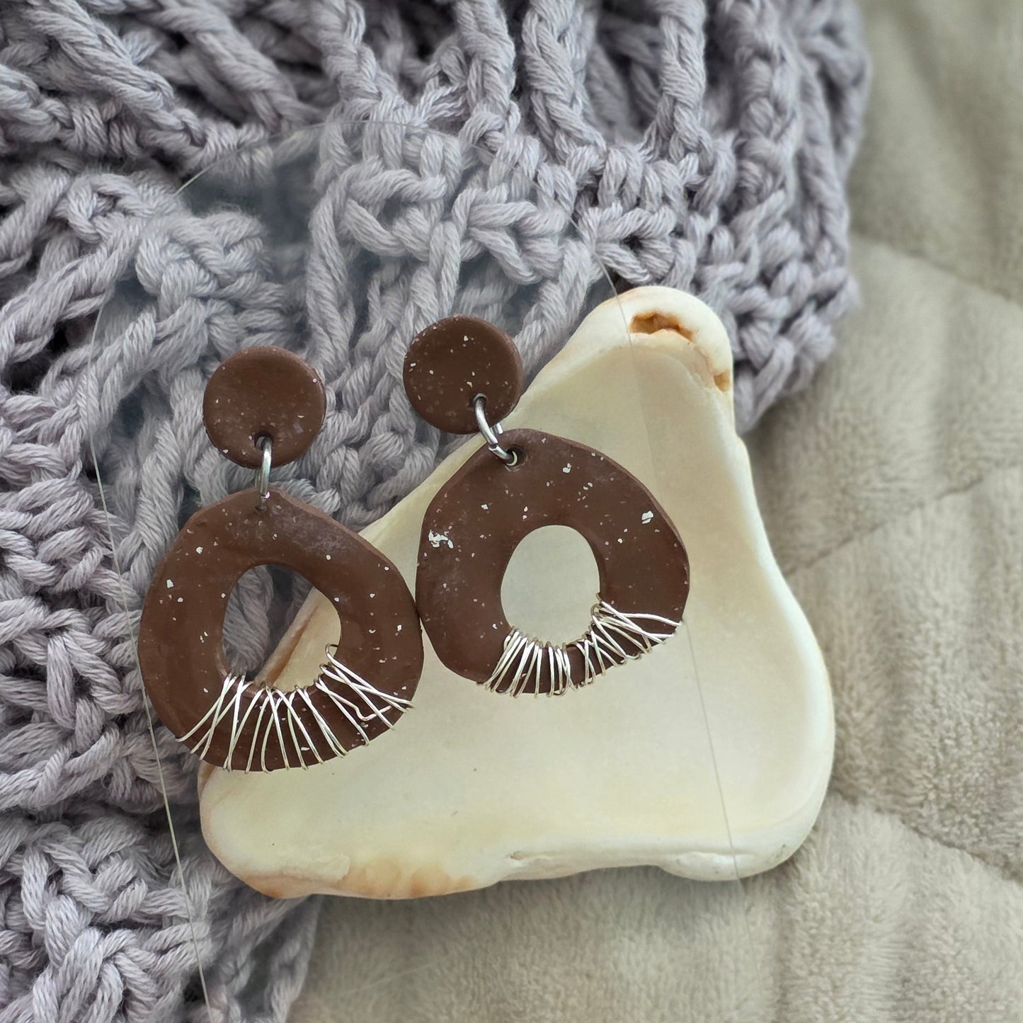 polymer clay earrings, brown earrings, handmade earrings, boho earrings, artisan jewelry, modern earrings, statement earrings, organic design earrings, unique earrings, lightweight earrings, handcrafted jewelry, neutral earrings