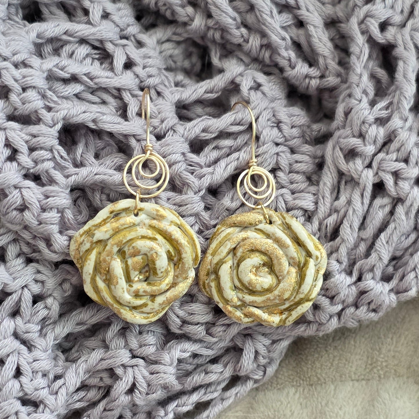 polymer clay earrings, handmade earrings, spiral earrings, artisan jewelry, statement earrings, unique earrings, neutral earrings, gold detail earrings, boho earrings, organic earrings, handcrafted jewelry, earthy jewelry, minimalist earrings