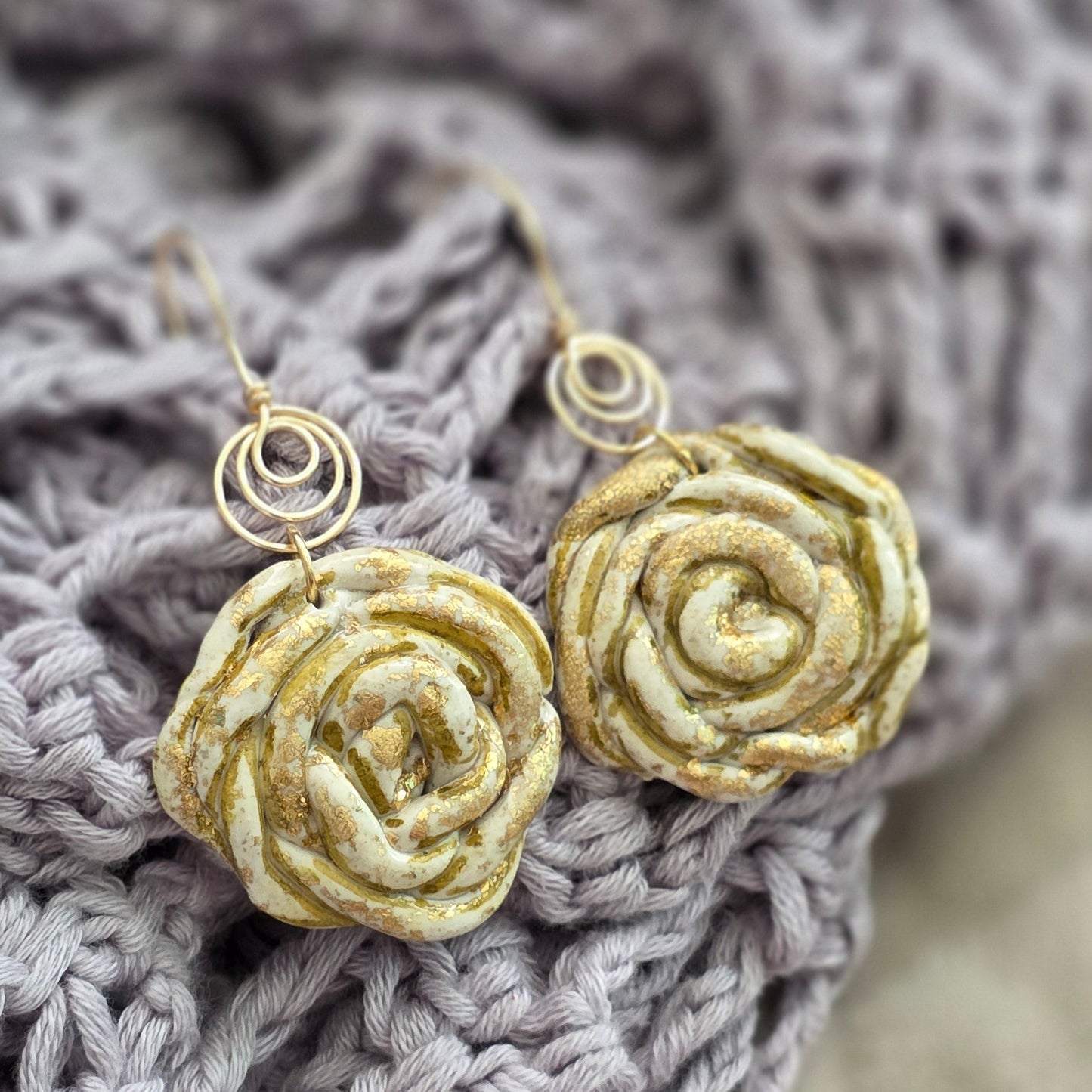 polymer clay earrings, handmade earrings, spiral earrings, artisan jewelry, statement earrings, unique earrings, neutral earrings, gold detail earrings, boho earrings, organic earrings, handcrafted jewelry, earthy jewelry, minimalist earrings