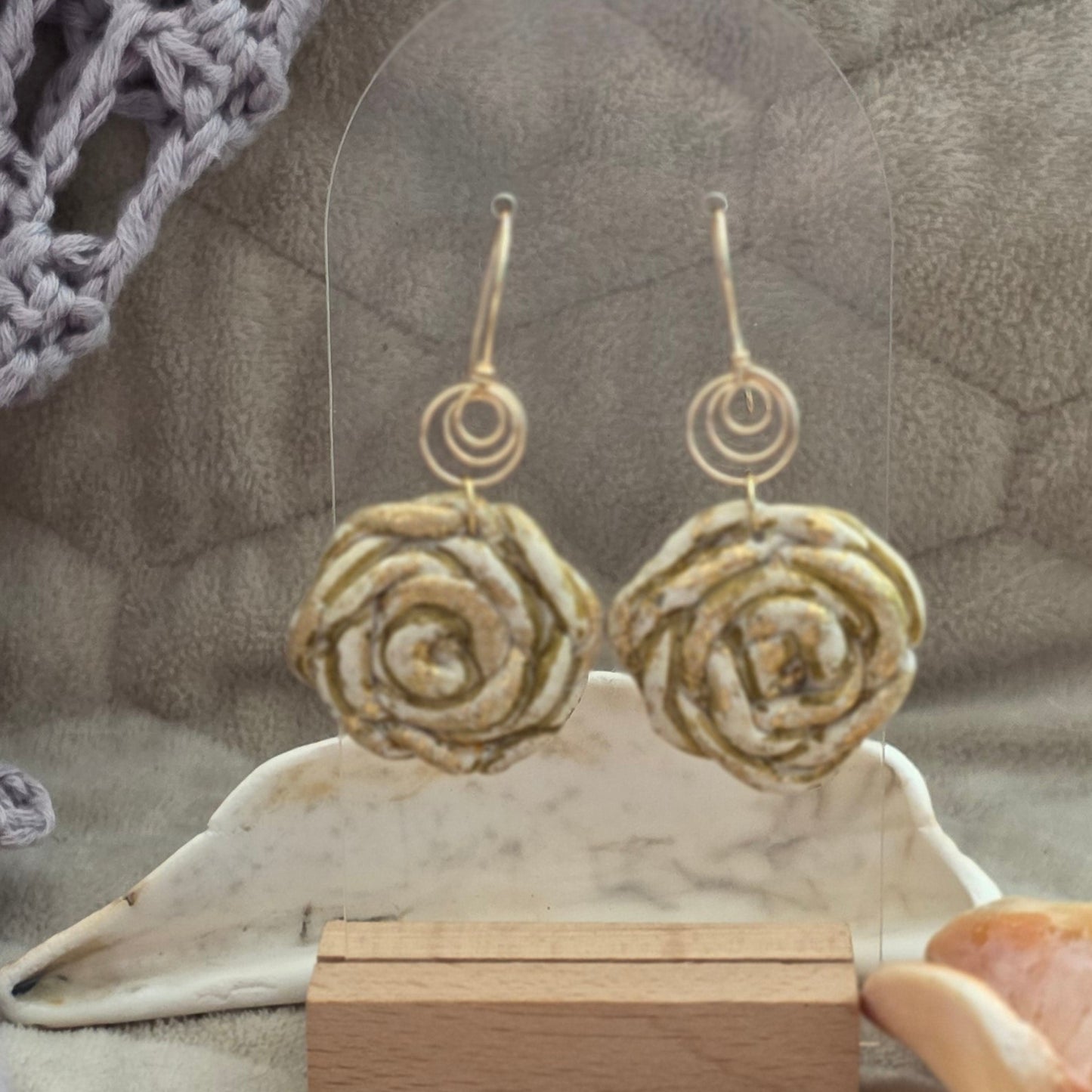 polymer clay earrings, handmade earrings, spiral earrings, artisan jewelry, statement earrings, unique earrings, neutral earrings, gold detail earrings, boho earrings, organic earrings, handcrafted jewelry, earthy jewelry, minimalist earrings