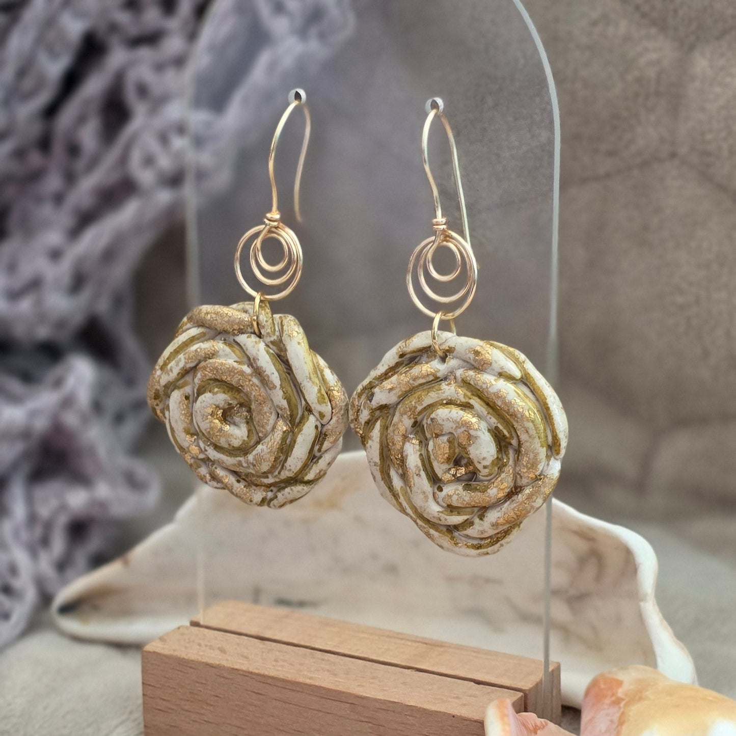 polymer clay earrings, handmade earrings, spiral earrings, artisan jewelry, statement earrings, unique earrings, neutral earrings, gold detail earrings, boho earrings, organic earrings, handcrafted jewelry, earthy jewelry, minimalist earrings