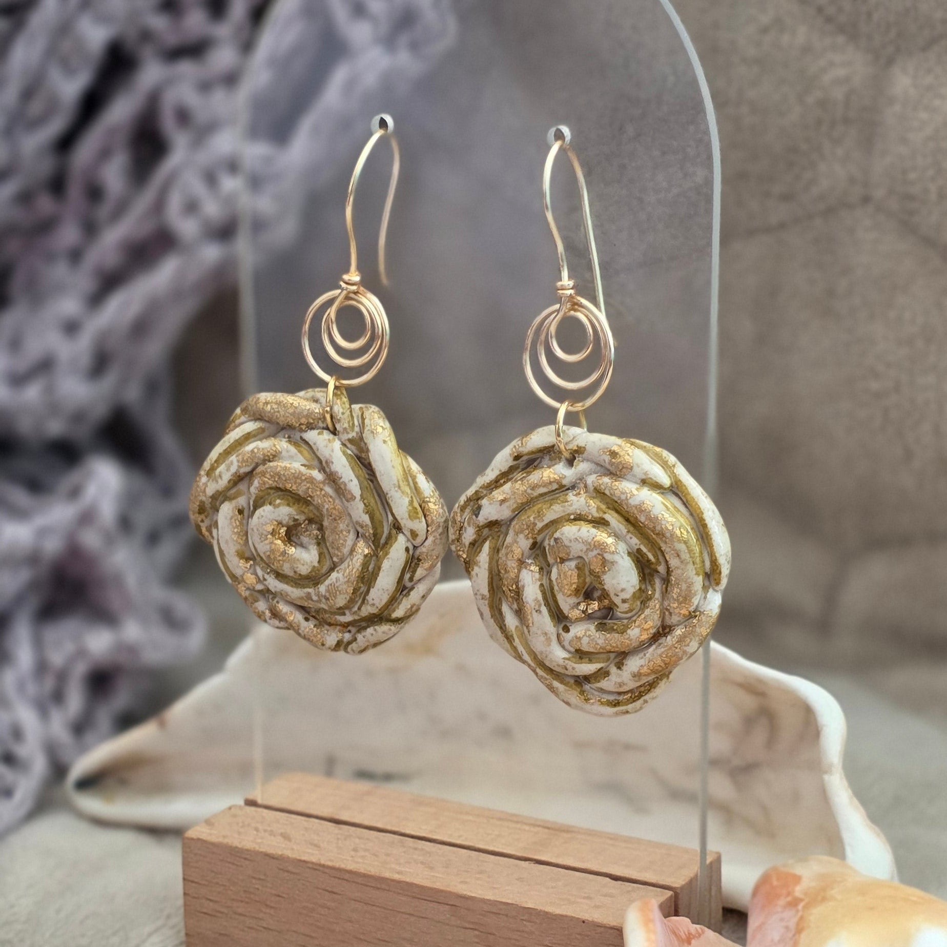 polymer clay earrings, handmade earrings, spiral earrings, artisan jewelry, statement earrings, unique earrings, neutral earrings, gold detail earrings, boho earrings, organic earrings, handcrafted jewelry, earthy jewelry, minimalist earrings