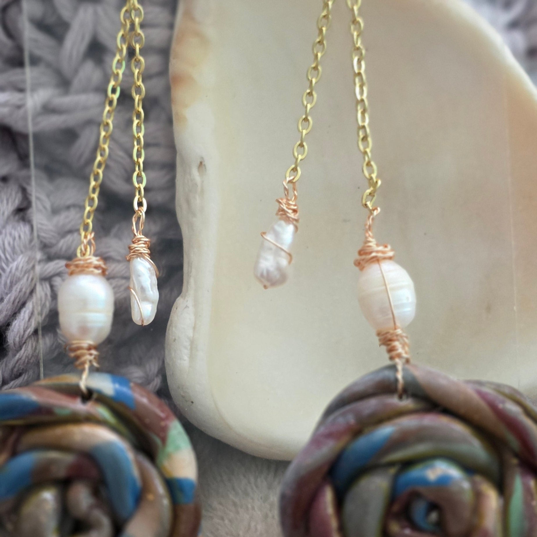 polymer clay earrings, handmade earrings, rose earrings, floral earrings, artisan jewelry, statement earrings, pearl earrings, dangle earrings, unique earrings, boho earrings, handcrafted jewelry, one-of-a-kind jewelry, long earrings