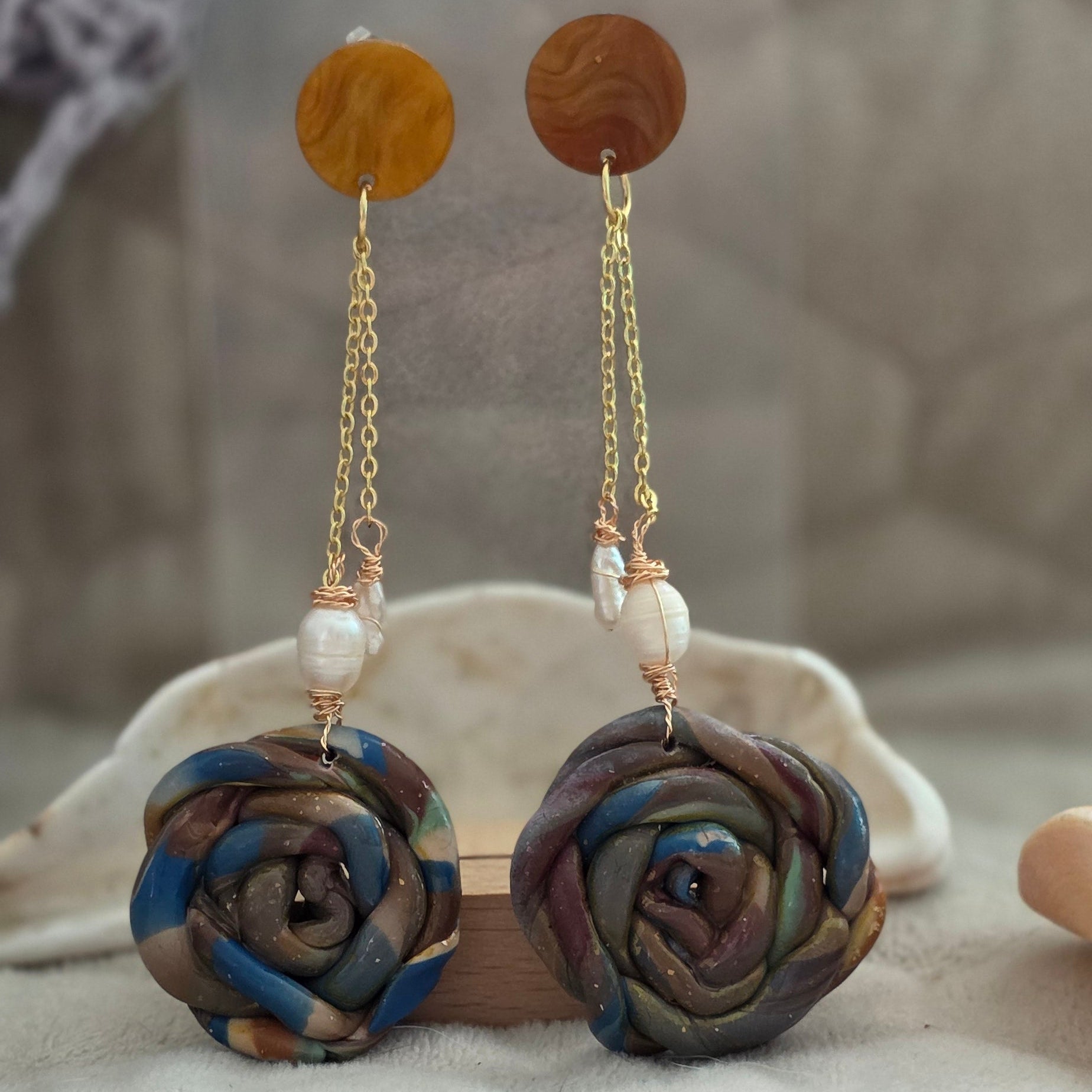 polymer clay earrings, handmade earrings, rose earrings, floral earrings, artisan jewelry, statement earrings, pearl earrings, dangle earrings, unique earrings, boho earrings, handcrafted jewelry, one-of-a-kind jewelry, long earrings
