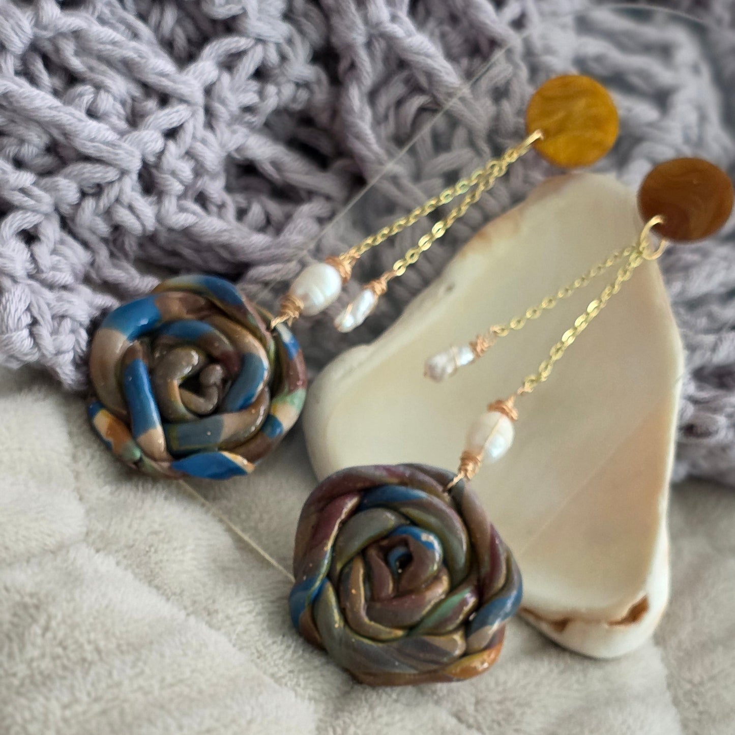 polymer clay earrings, handmade earrings, rose earrings, floral earrings, artisan jewelry, statement earrings, pearl earrings, dangle earrings, unique earrings, boho earrings, handcrafted jewelry, one-of-a-kind jewelry, long earrings