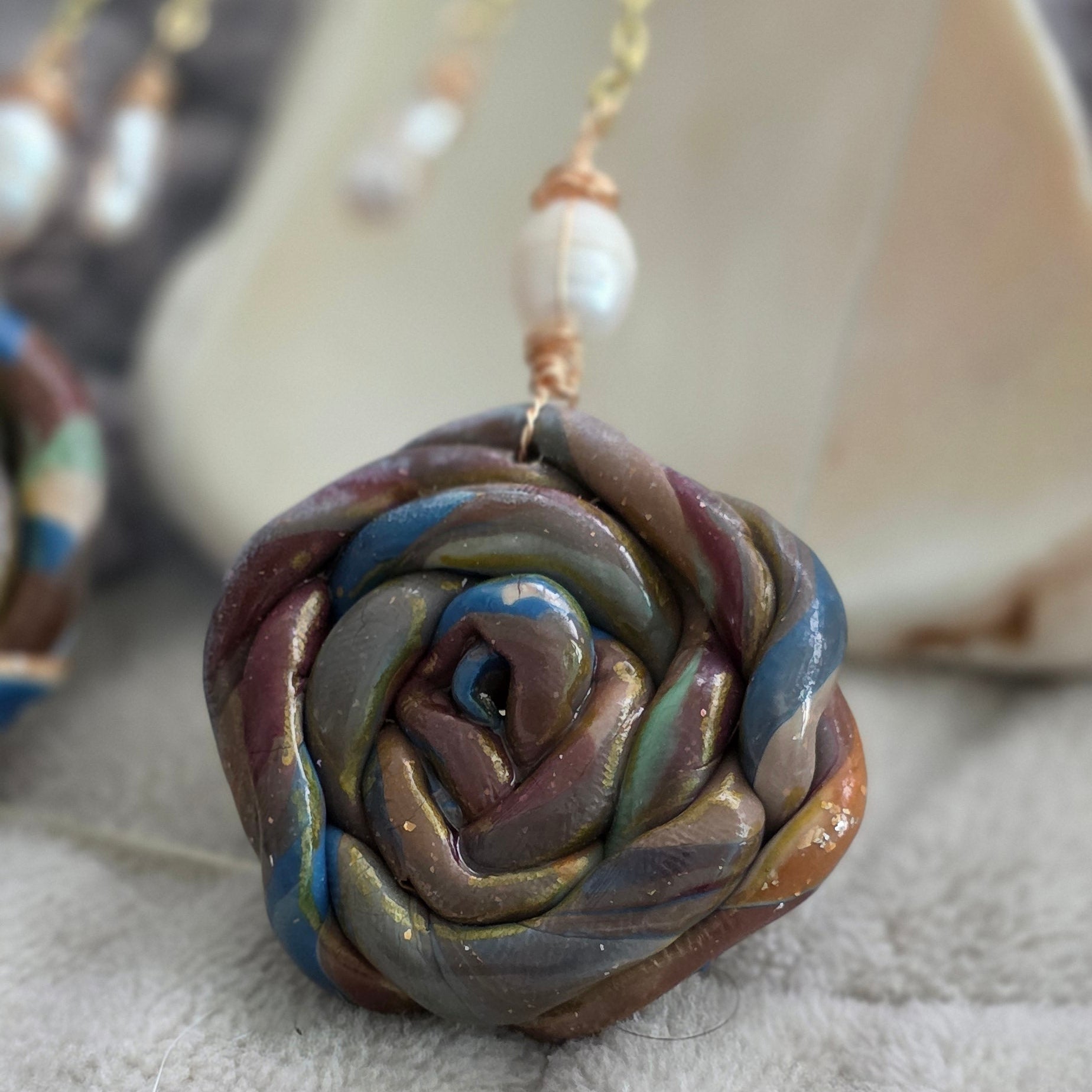 polymer clay earrings, handmade earrings, rose earrings, floral earrings, artisan jewelry, statement earrings, pearl earrings, dangle earrings, unique earrings, boho earrings, handcrafted jewelry, one of a kind jewelry, long earrings