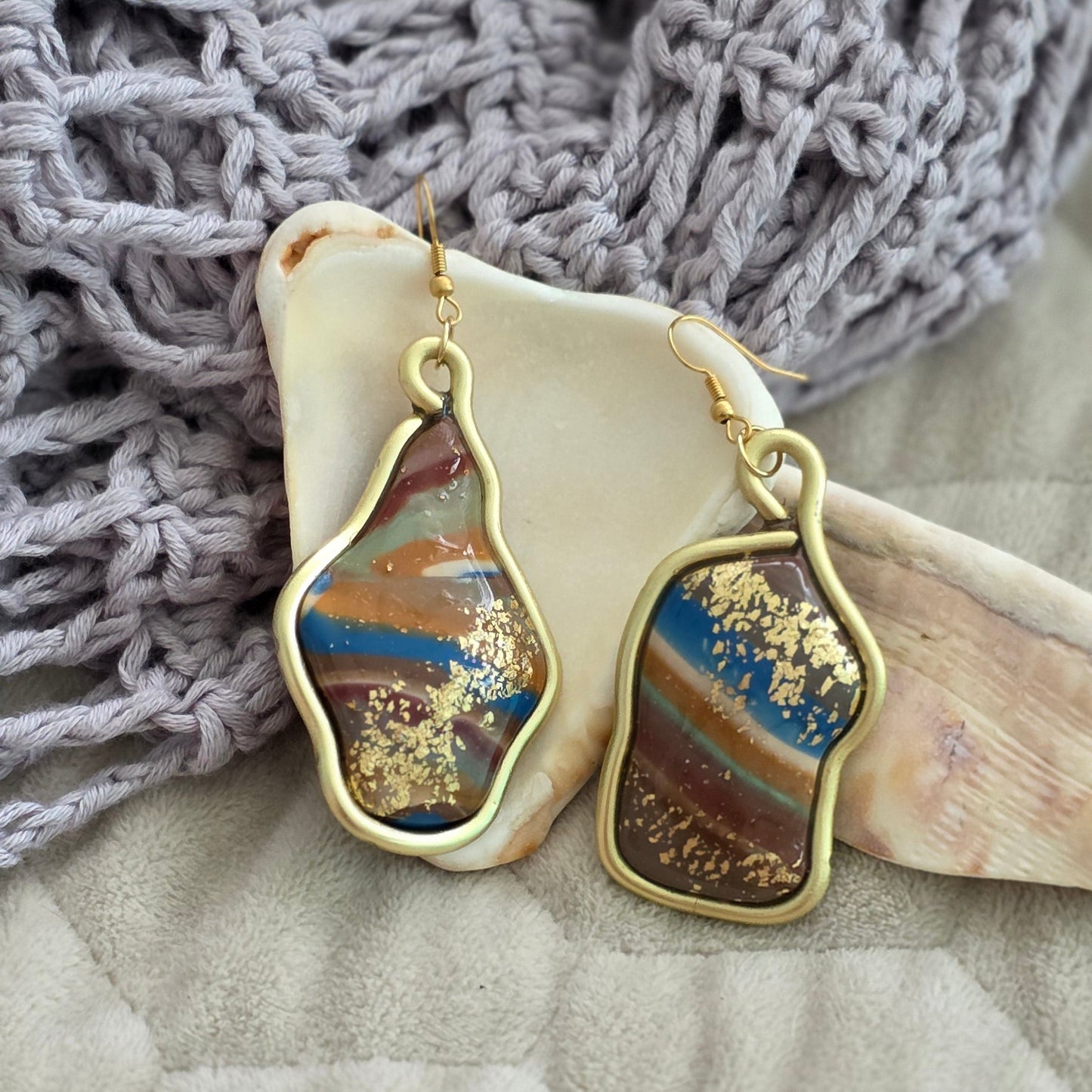 polymer clay earrings, handmade earrings, marbled earrings, artisan jewelry, statement earrings, unique earrings, gold detail earrings, boho earrings, earthy jewelry, long dangle earrings, one-of-a-kind jewelry, handcrafted jewelry, abstract earrings