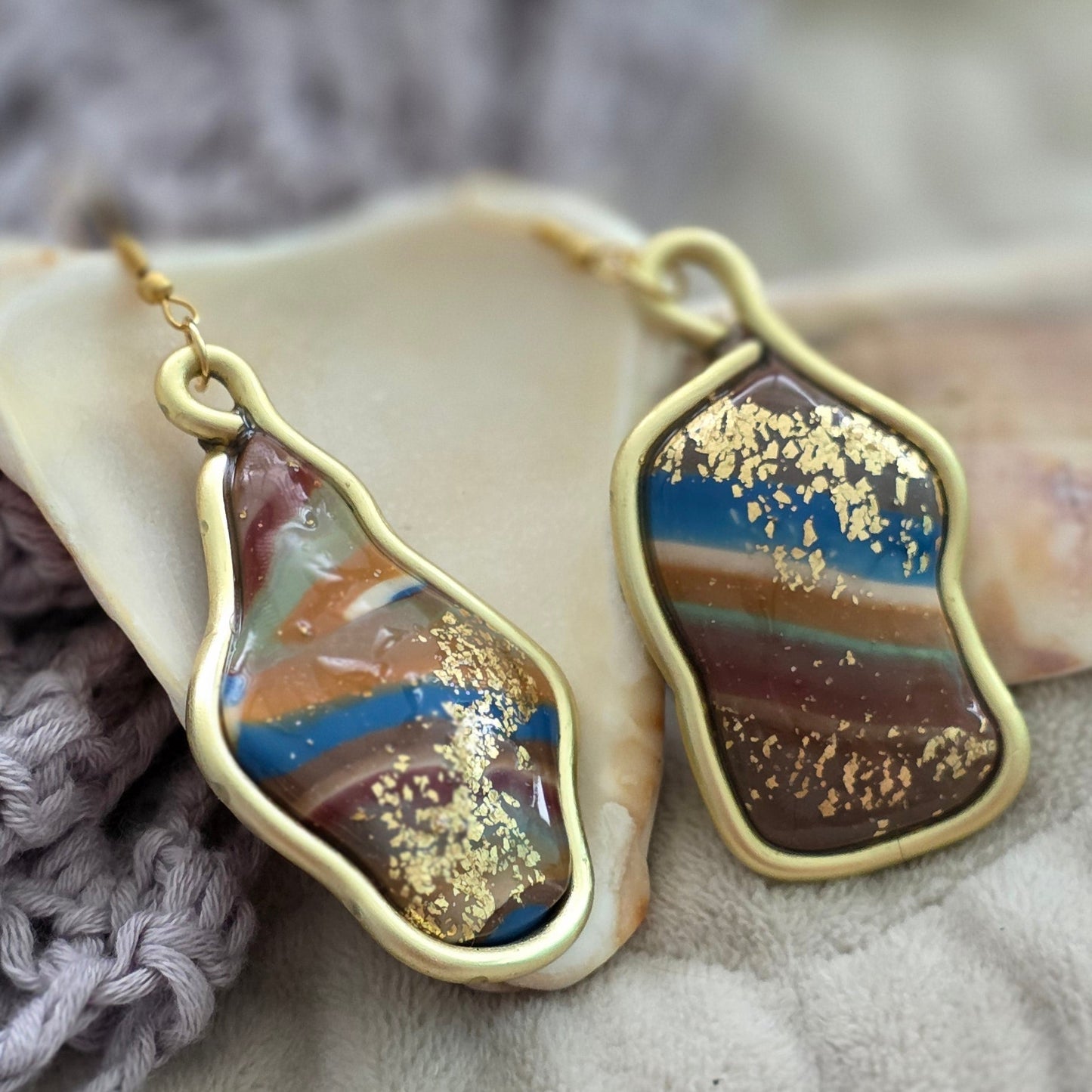 polymer clay earrings, handmade earrings, marbled earrings, artisan jewelry, statement earrings, unique earrings, gold detail earrings, boho earrings, earthy jewelry, long dangle earrings, one-of-a-kind jewelry, handcrafted jewelry, abstract earrings