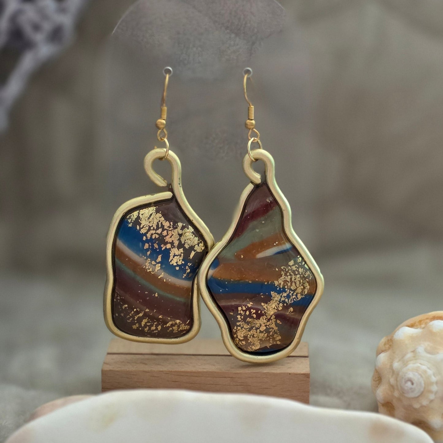 polymer clay earrings, handmade earrings, marbled earrings, artisan jewelry, statement earrings, unique earrings, gold detail earrings, boho earrings, earthy jewelry, long dangle earrings, one-of-a-kind jewelry, handcrafted jewelry, abstract earrings