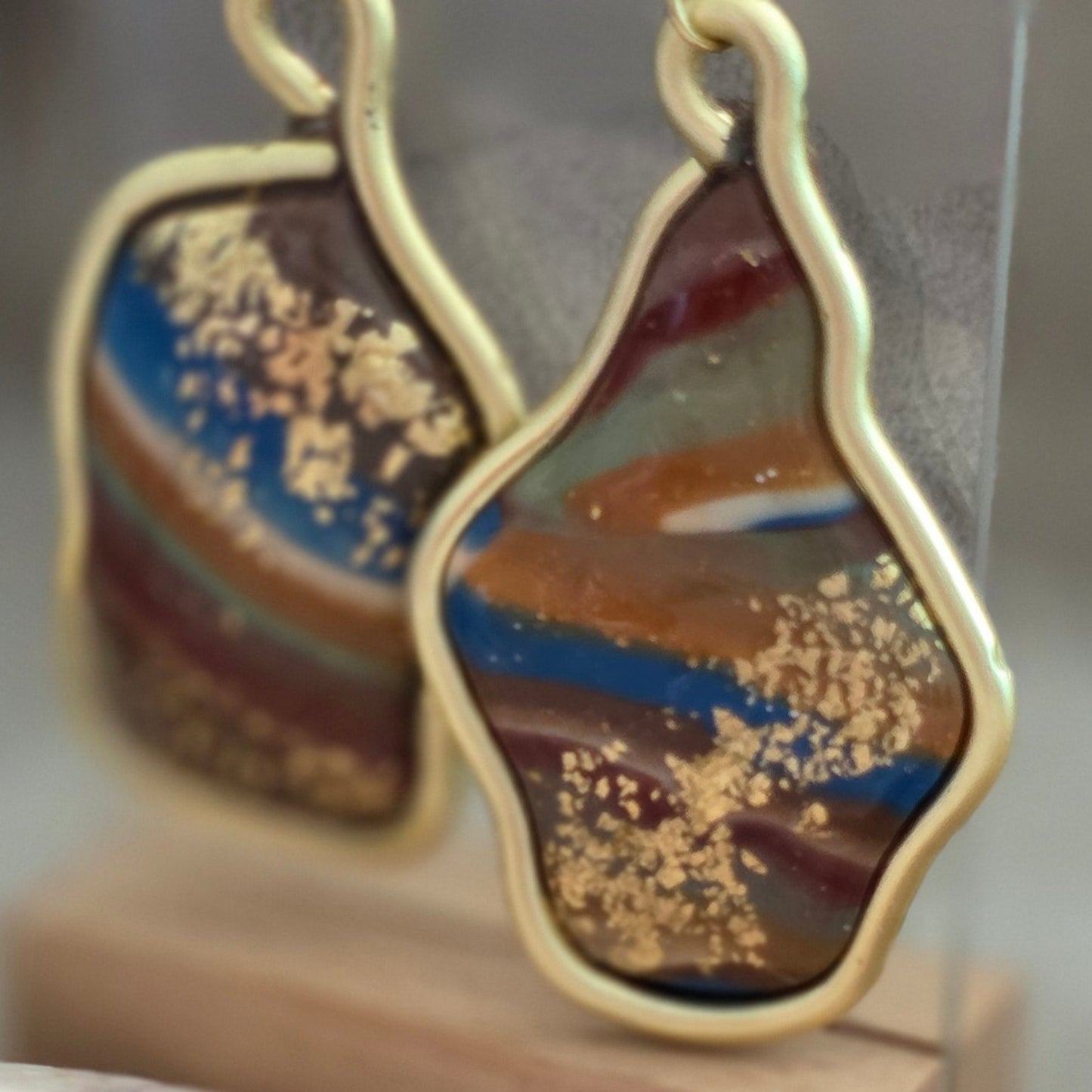 polymer clay earrings, handmade earrings, marbled earrings, artisan jewelry, statement earrings, unique earrings, gold detail earrings, boho earrings, earthy jewelry, long dangle earrings, one-of-a-kind jewelry, handcrafted jewelry, abstract earrings