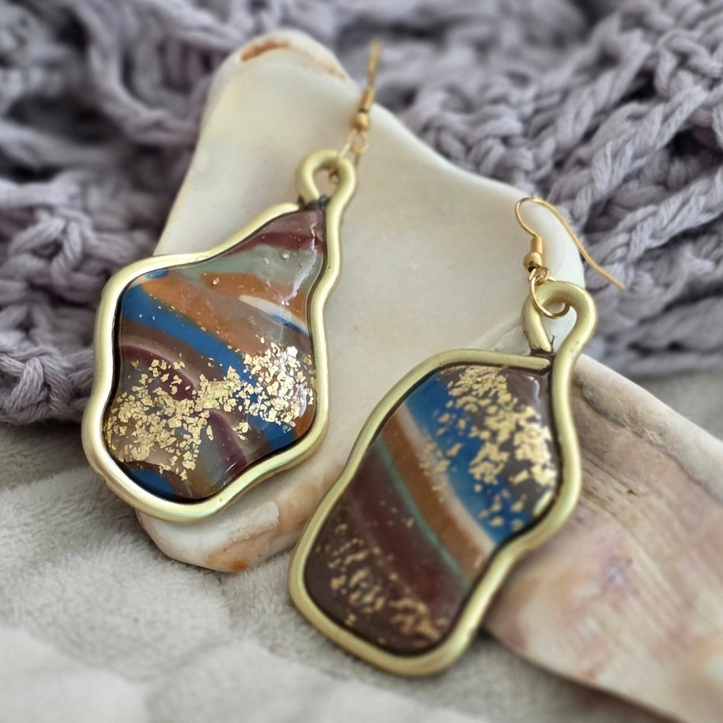polymer clay earrings, handmade earrings, marbled earrings, artisan jewelry, statement earrings, unique earrings, gold detail earrings, boho earrings, earthy jewelry, long dangle earrings, one-of-a-kind jewelry, handcrafted jewelry, abstract earrings