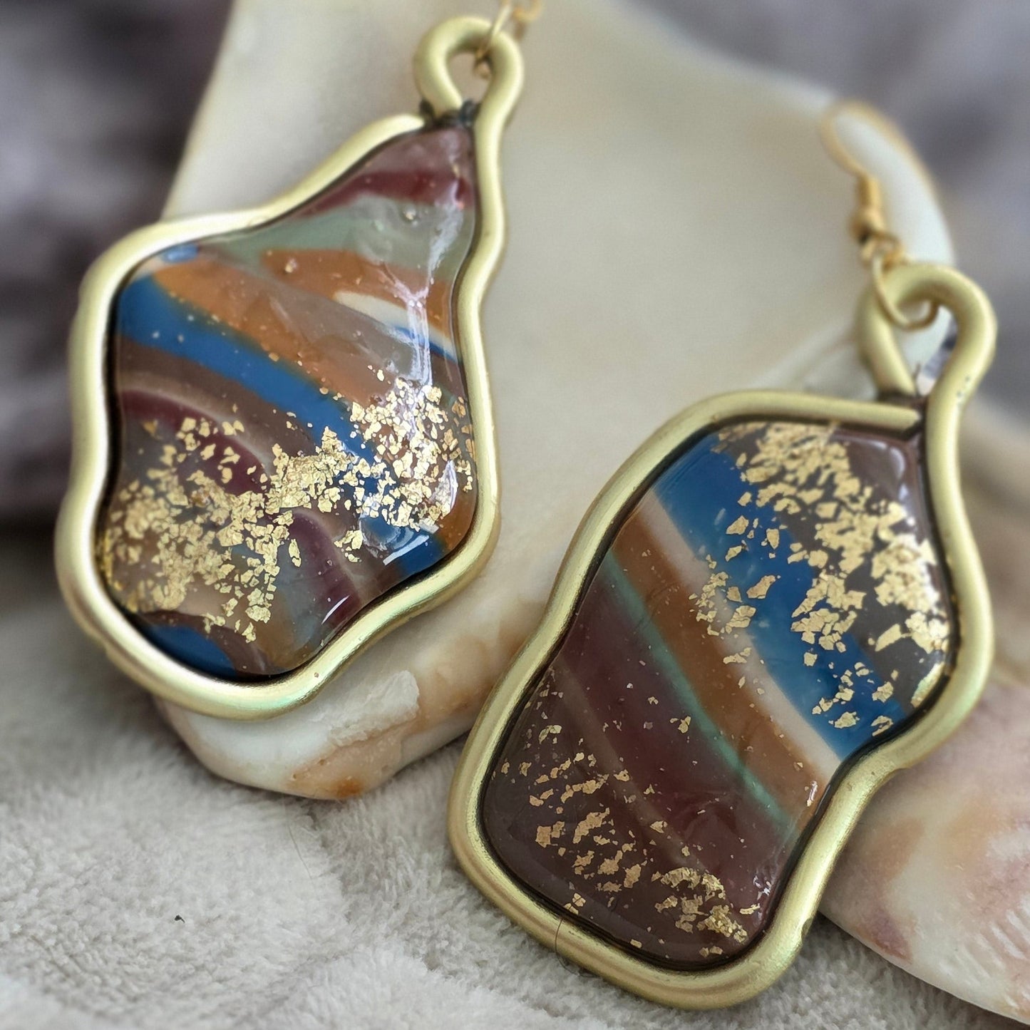 polymer clay earrings, handmade earrings, marbled earrings, artisan jewelry, statement earrings, unique earrings, gold detail earrings, boho earrings, earthy jewelry, long dangle earrings, one-of-a-kind jewelry, handcrafted jewelry, abstract earrings
