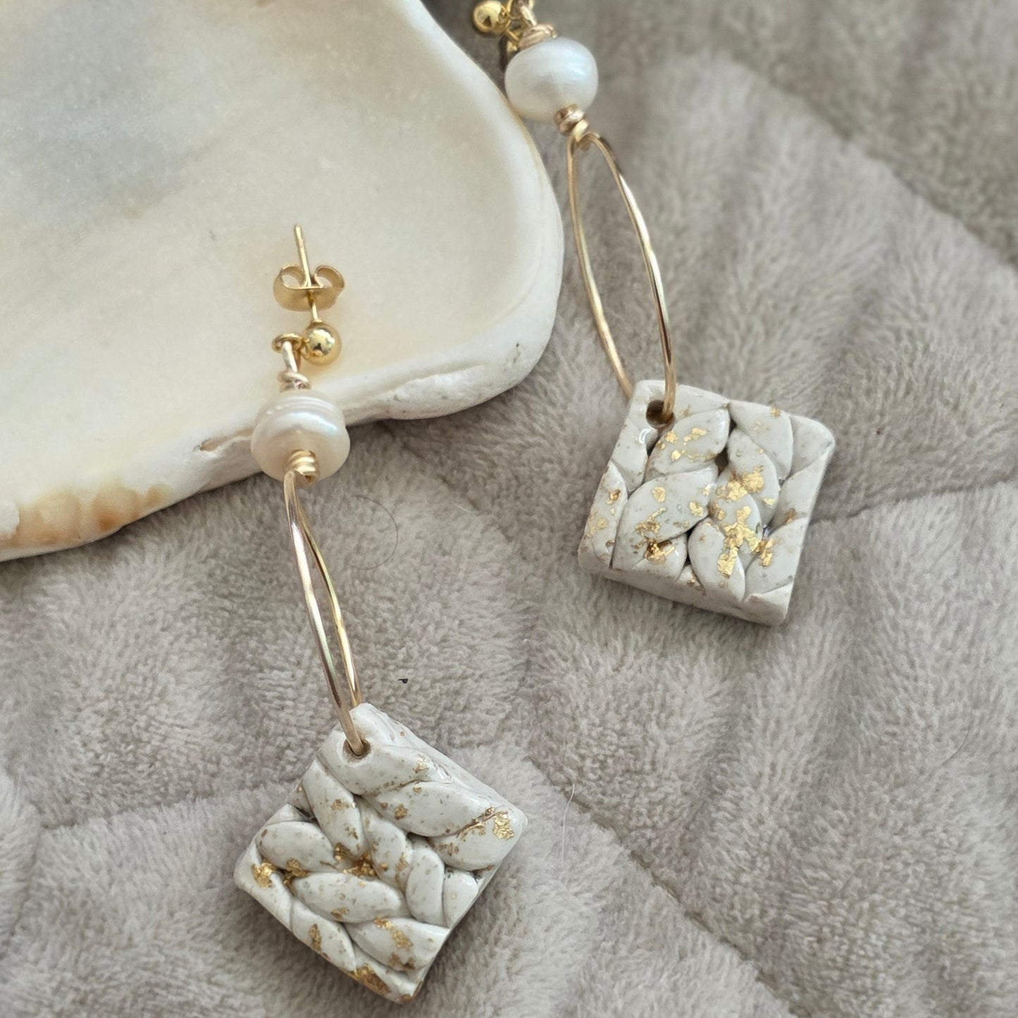 polymer clay earrings, handmade earrings, stone earrings, neutral earrings, pearl earrings, gold hoop earrings, artisan jewelry, minimalist earrings, elegant earrings, boho earrings, unique earrings, handcrafted jewelry, modern earrings