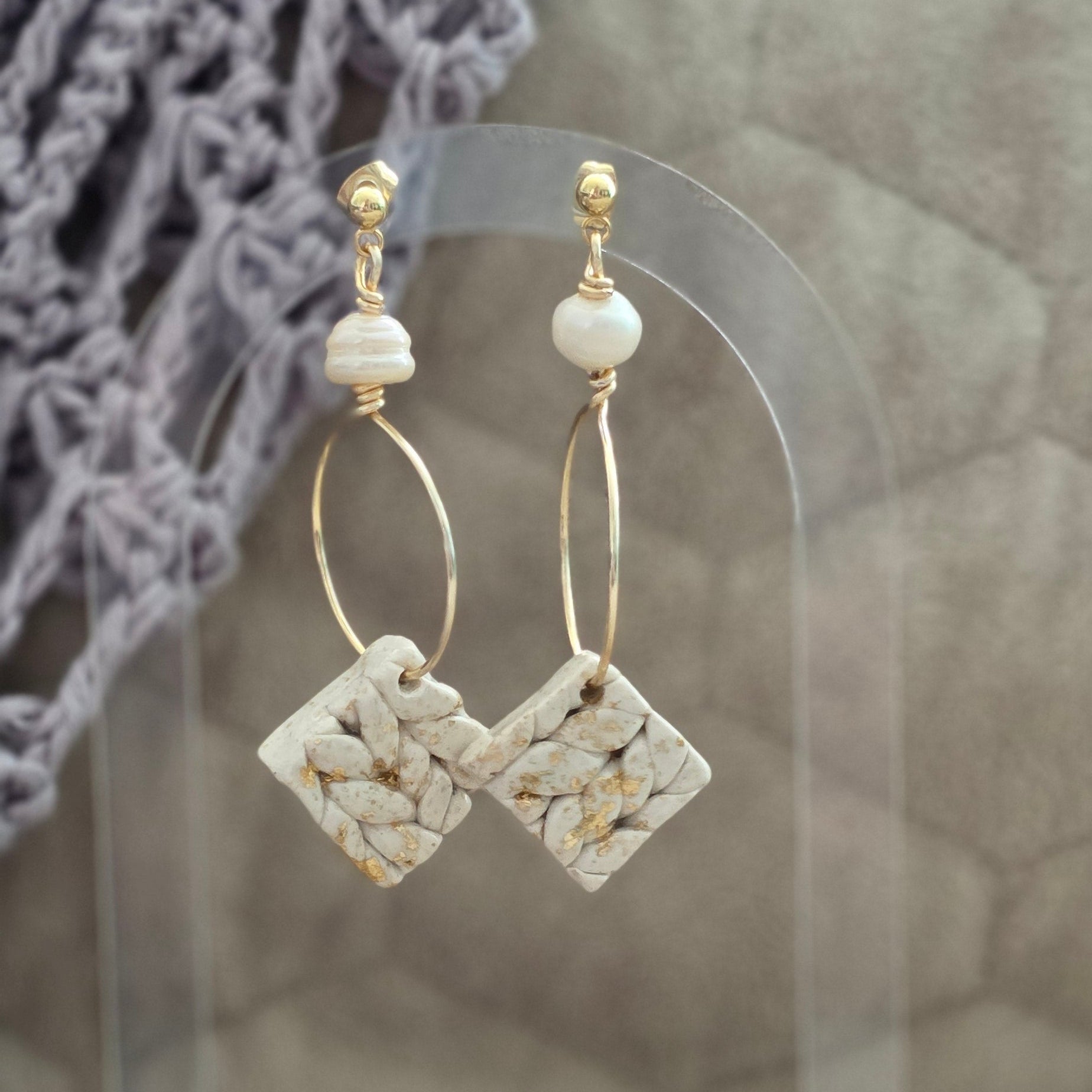 polymer clay earrings, handmade earrings, stone earrings, neutral earrings, pearl earrings, gold hoop earrings, artisan jewelry, minimalist earrings, elegant earrings, boho earrings, unique earrings, handcrafted jewelry, modern earrings