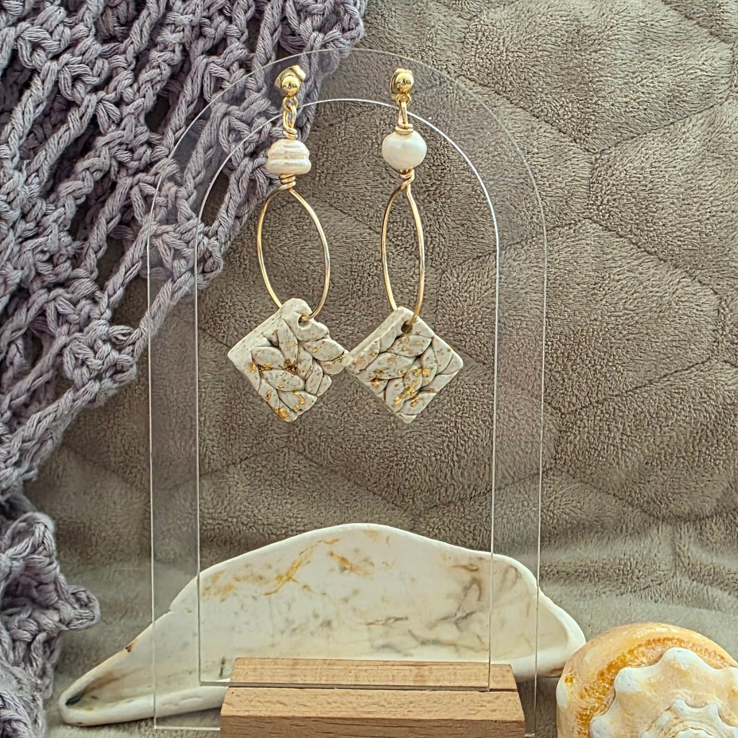 polymer clay earrings, handmade earrings, stone earrings, neutral earrings, pearl earrings, gold hoop earrings, artisan jewelry, minimalist earrings, elegant earrings, boho earrings, unique earrings, handcrafted jewelry, modern earrings