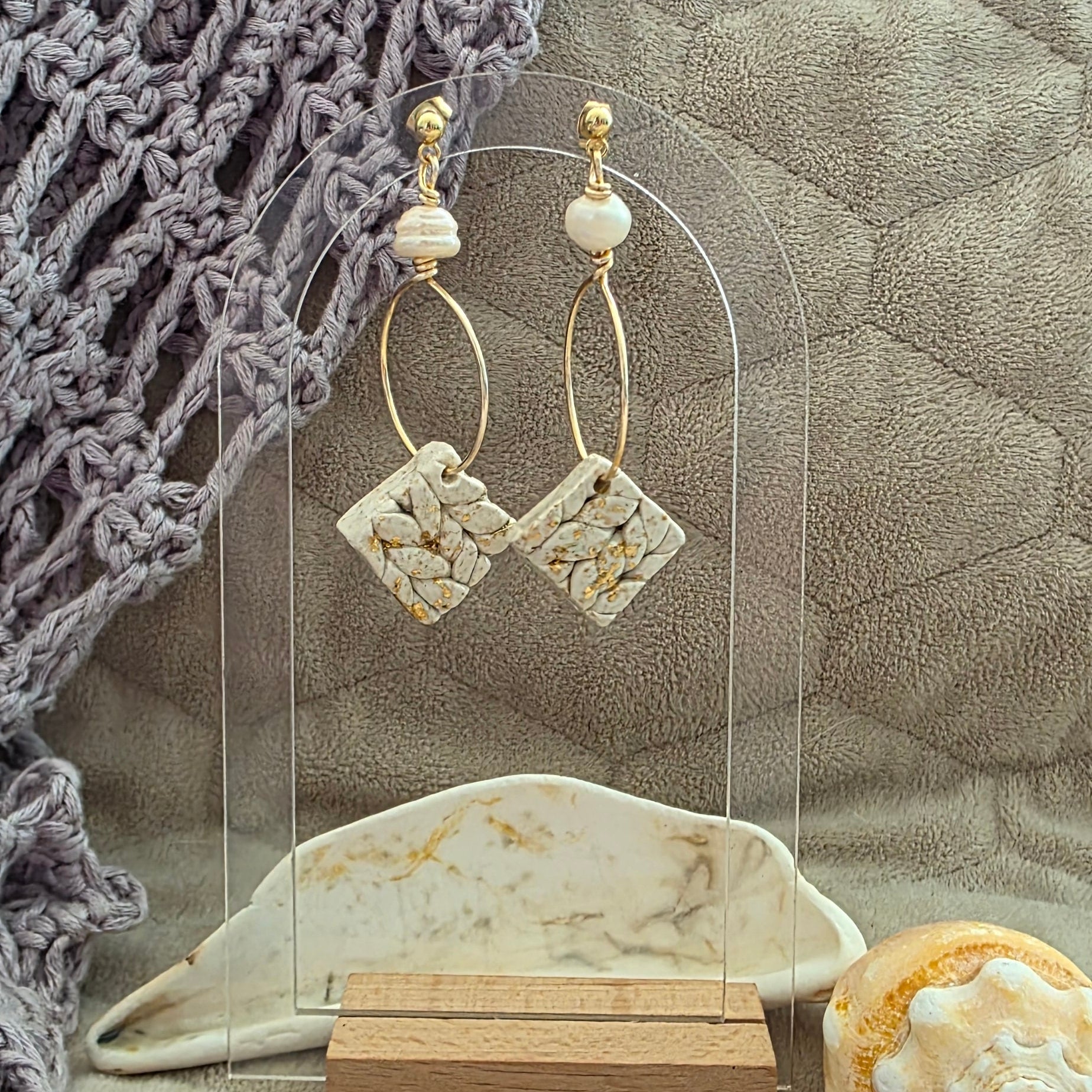 polymer clay earrings, handmade earrings, stone earrings, neutral earrings, pearl earrings, gold hoop earrings, artisan jewelry, minimalist earrings, elegant earrings, boho earrings, unique earrings, handcrafted jewelry, modern earrings