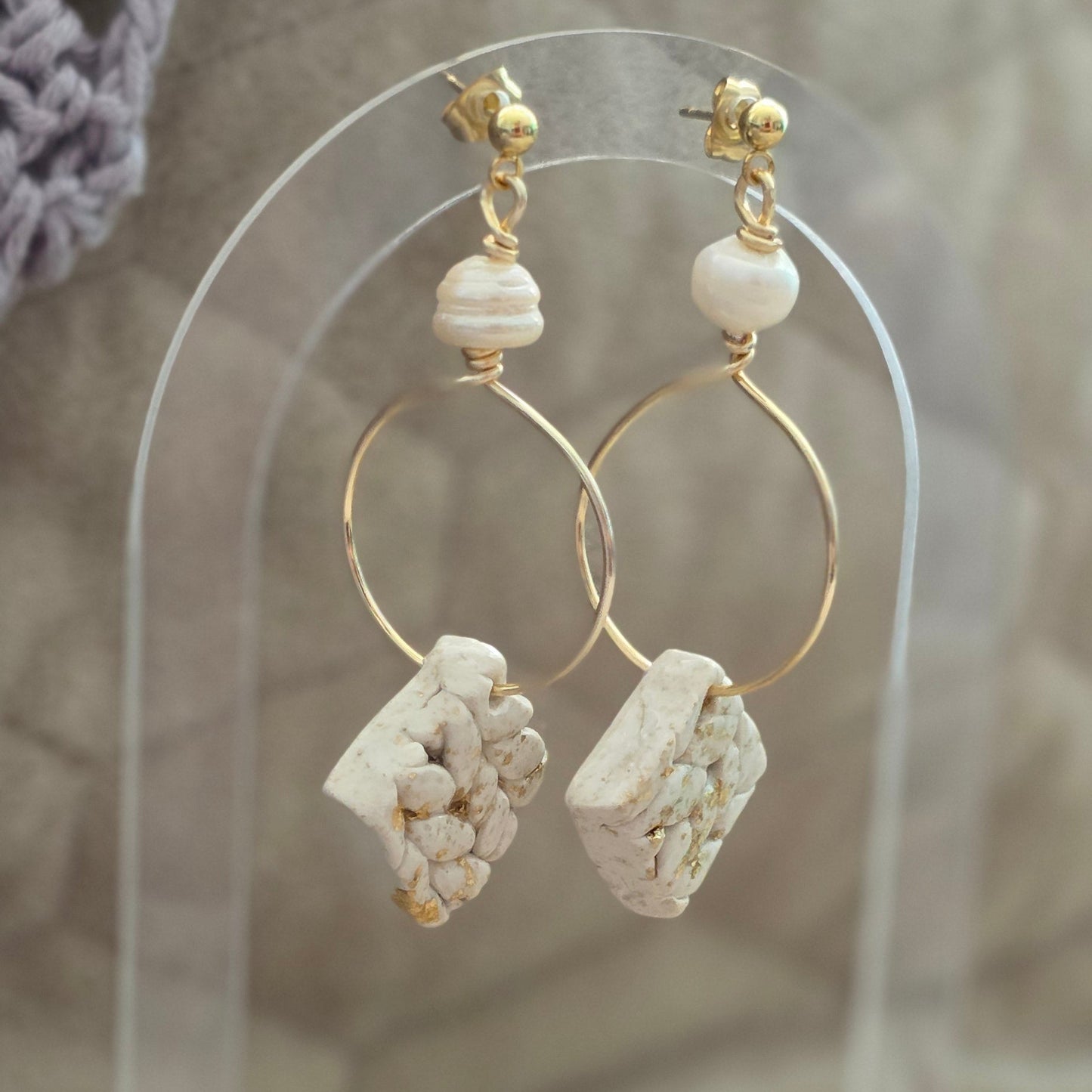 polymer clay earrings, handmade earrings, stone earrings, neutral earrings, pearl earrings, gold hoop earrings, artisan jewelry, minimalist earrings, elegant earrings, boho earrings, unique earrings, handcrafted jewelry, modern earrings